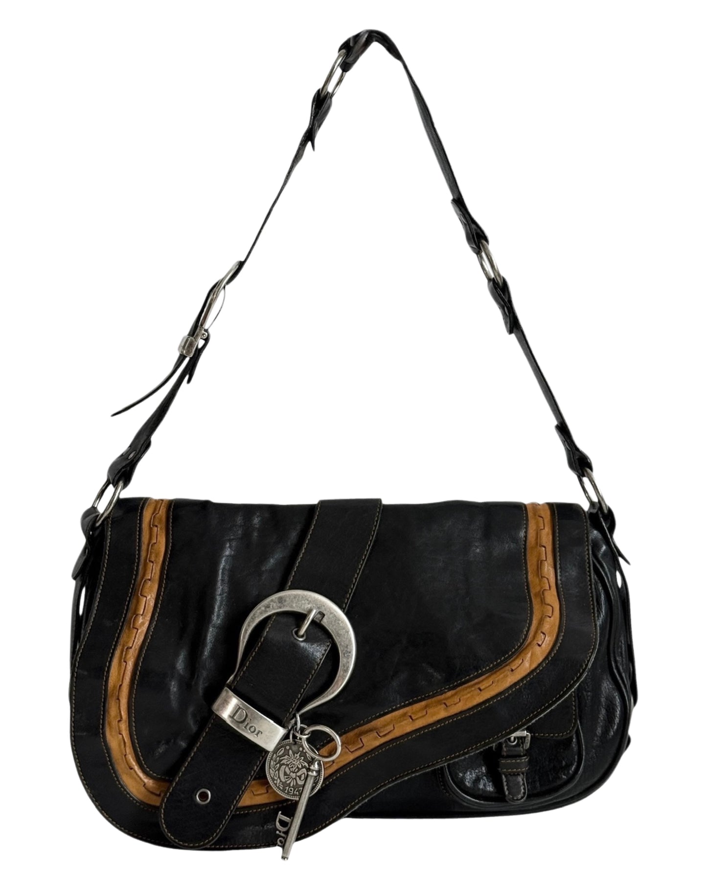 Dior by John Galliano Vintage 2006 Black & Brown Leather Small Gaucho Shoulder Saddle Messenger Bag
