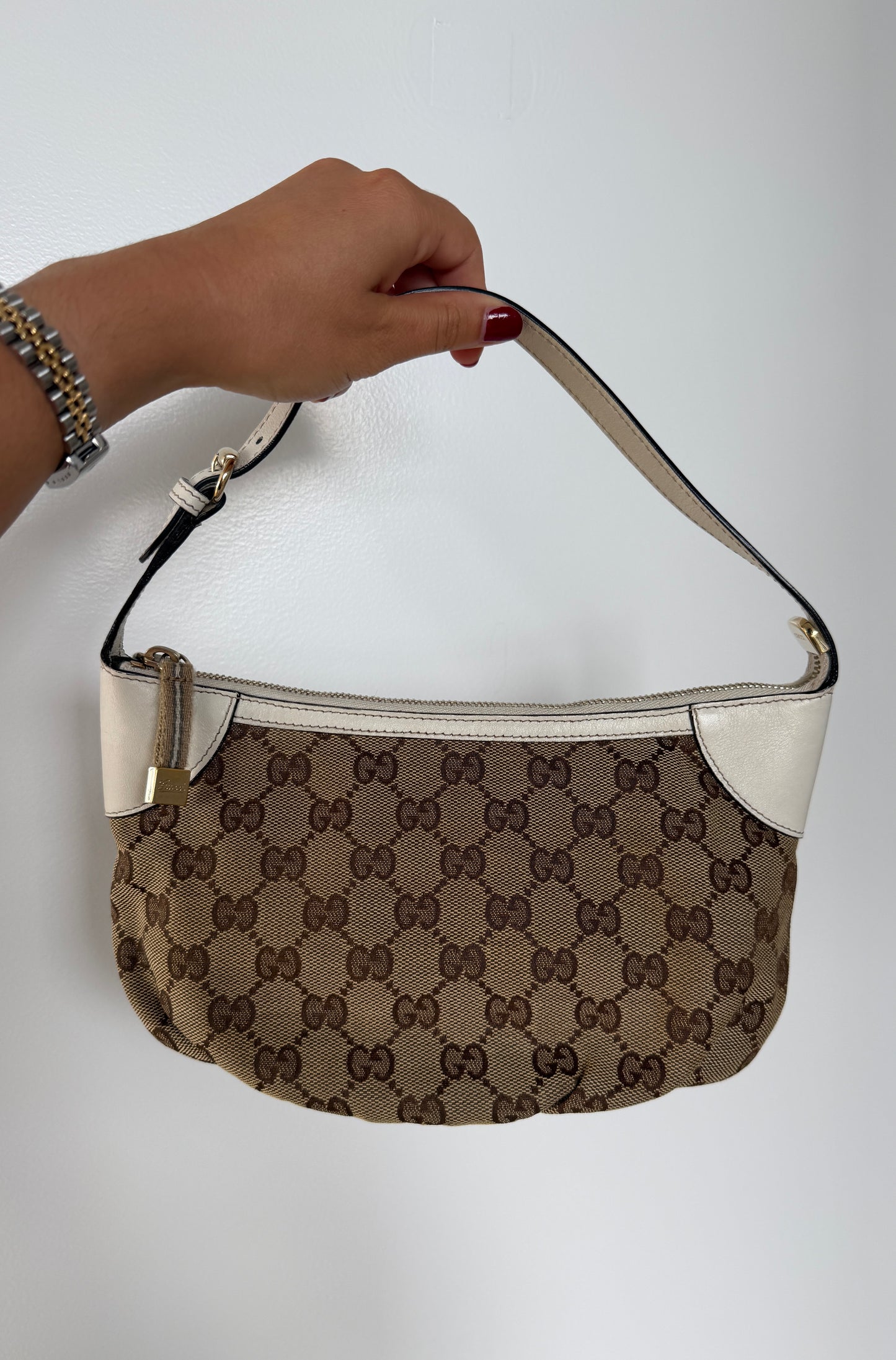 Gucci Vintage Brown GG Monogram Ivory Leather Trim Striped Pull Ruffle Small Pochette Bag