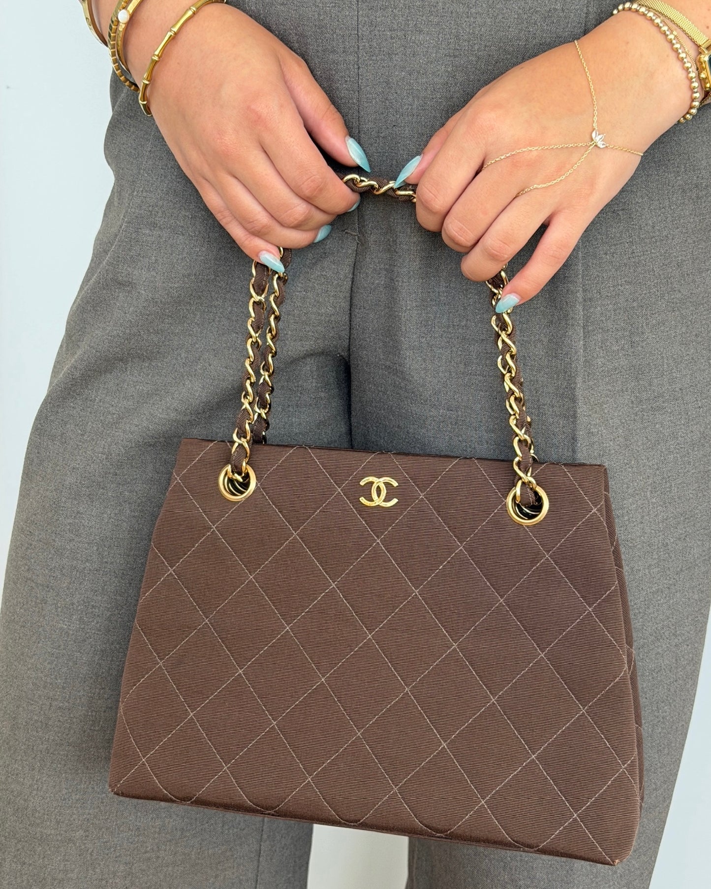 Chanel Vintage 1999 Dark Brown Quilted Satin Mini CC Shoulder Tote Bag with 24K Gold Plated Hardware