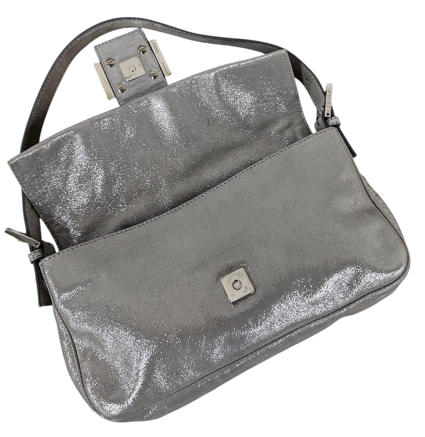 Fendi Vintage Metallic Silver Leather Crystal Logo Shoulder Baguette Bag