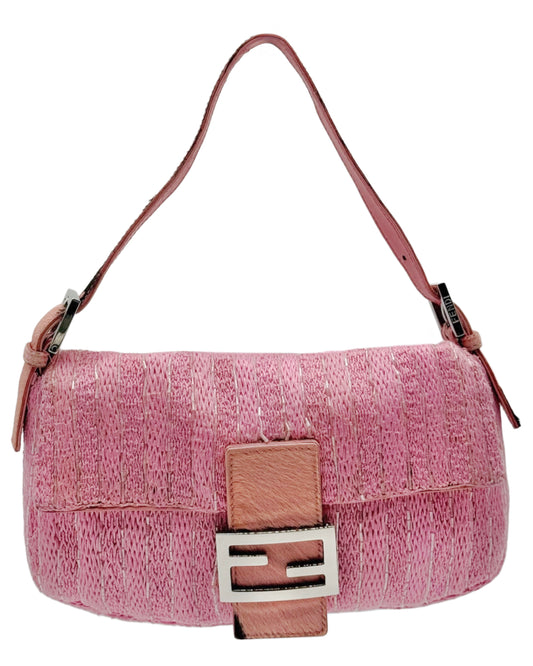 Fendi Vintage Pink Knit Silver Beaded Shoulder Baguette Bag w Cow Print Pony Hair Trim