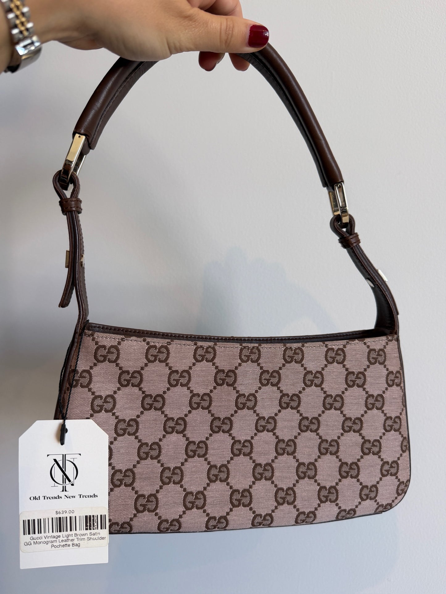 Gucci Vintage Light Brown Satin GG Monogram Leather Trim Shoulder Pochette Bag
