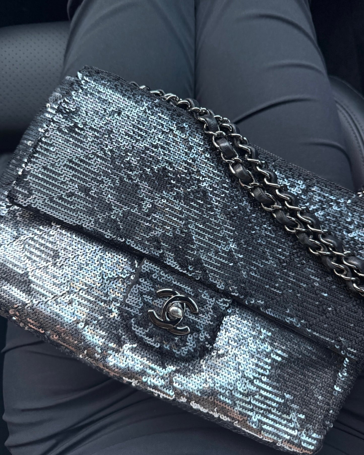 Chanel 2015 Gradient Black & Silver Sequin Quilted Medium Classic Single Flap Bag