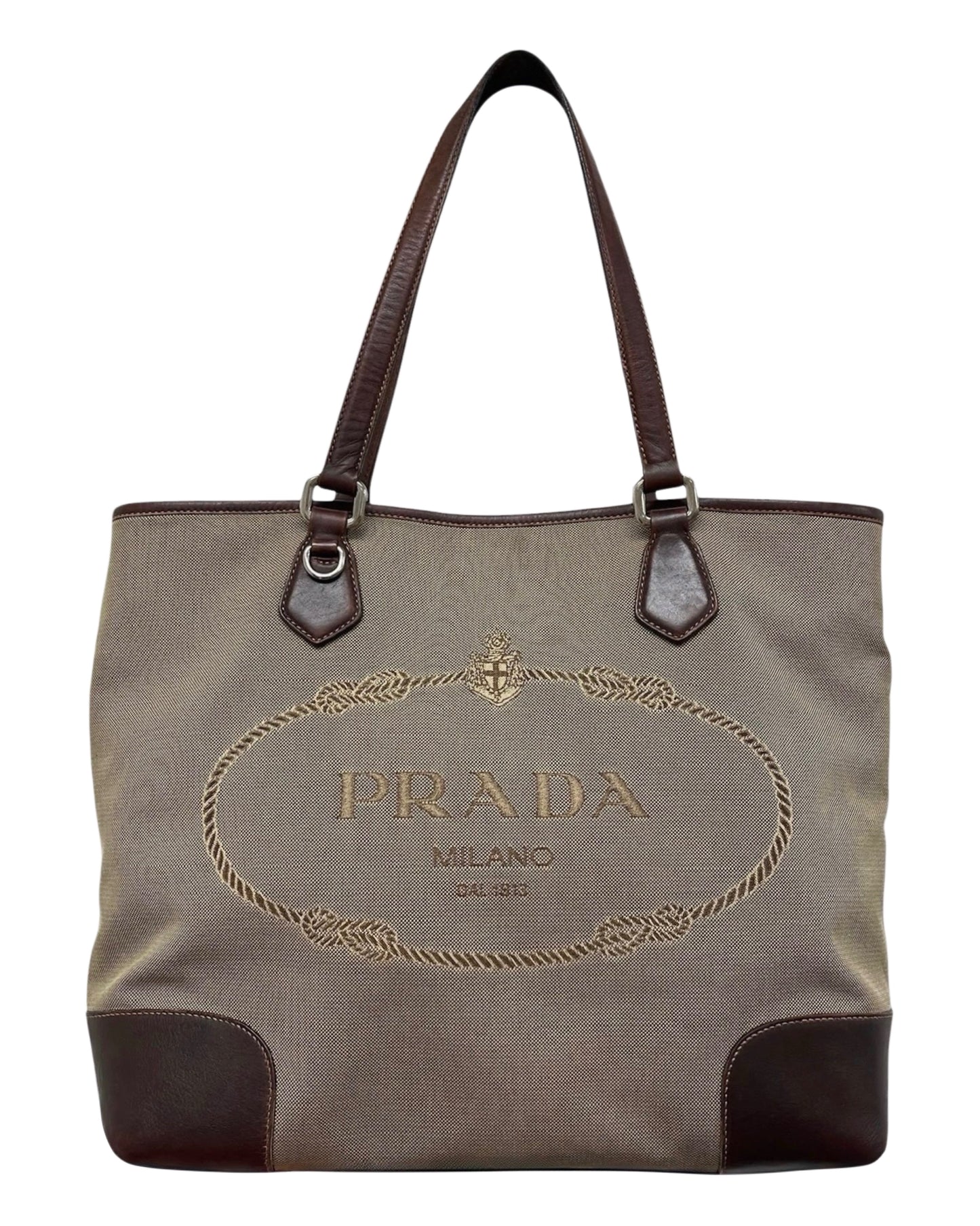 Prada Vintage Light Brown Jacquard Canapa Canvas Large Shoulder Tote Bag with Leather Trim 