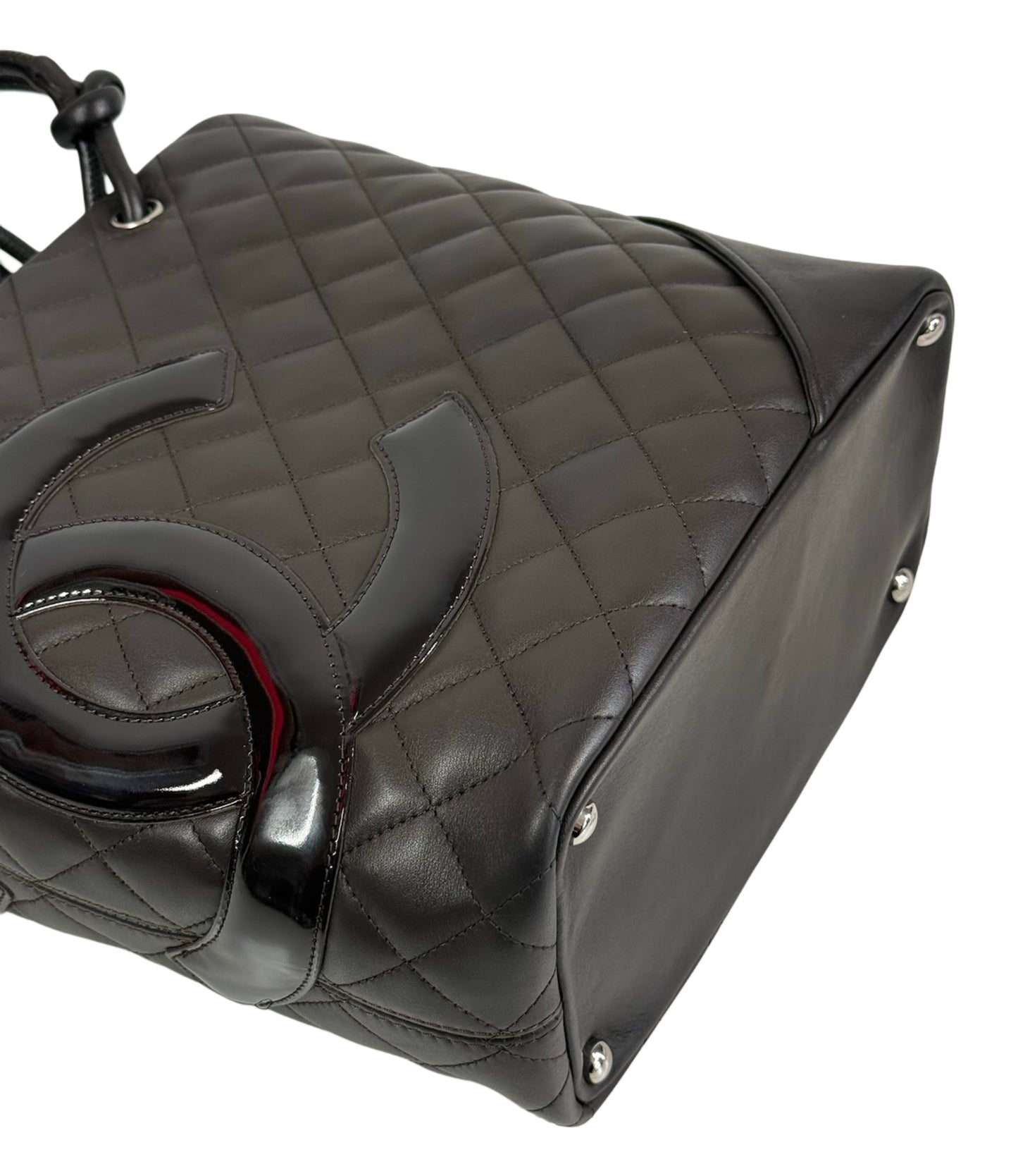 Chanel Vintage 00s Dark Brown Quilted Lambskin Patent Leather CC Cambon Small Shoulder Tote Bag