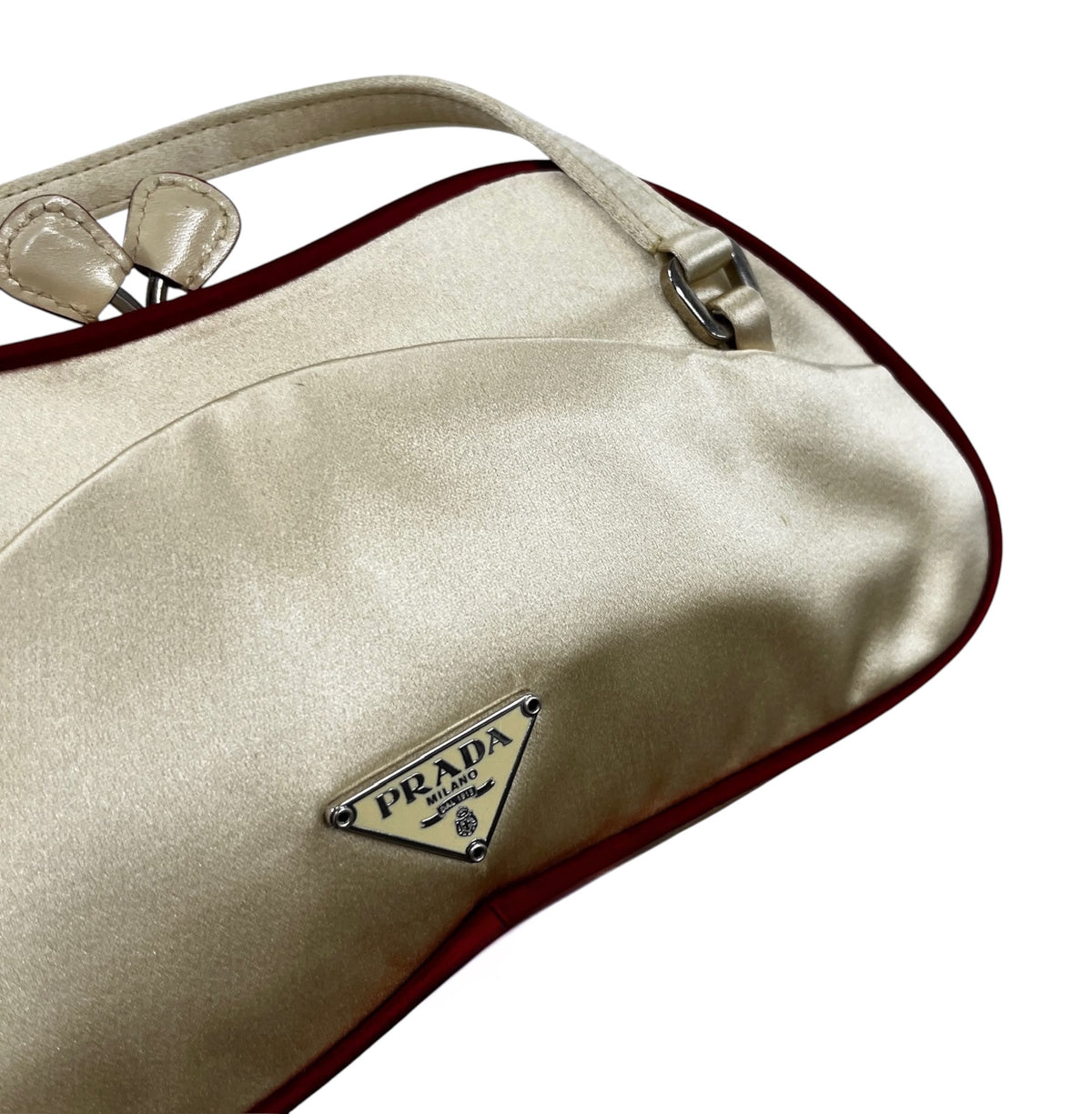 Prada Vintage Ivory with Red Piping Satin Kisslock Mini Top Handle Evening Bag with Mirror