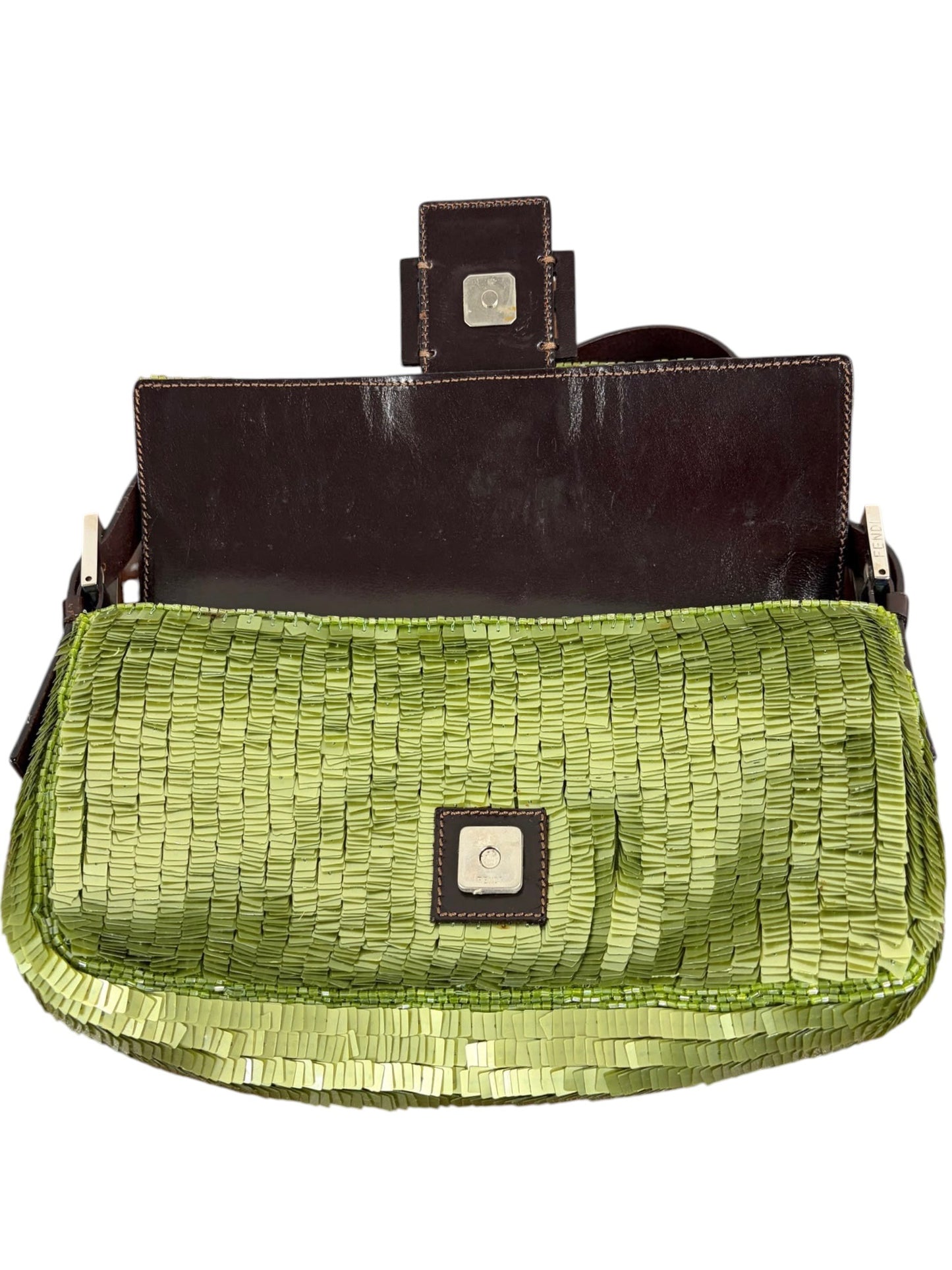 Fendi Vintage Green Paillattes Sequin Beaded Shoulder Baguette Bag 