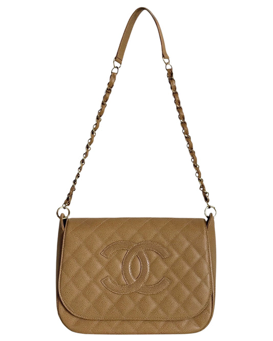 Chanel Vintage 00s Beige Quilted Caviar Leather CC Large Full Flap Shoulder Bag with 24K GPHW