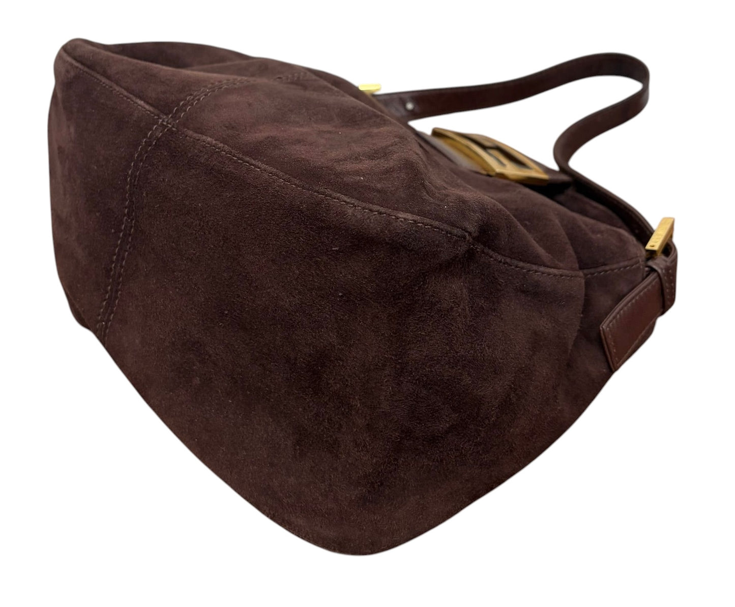 Fendi Vintage Brown Suede Double Flap Bucket Shoulder Baguette Bag 