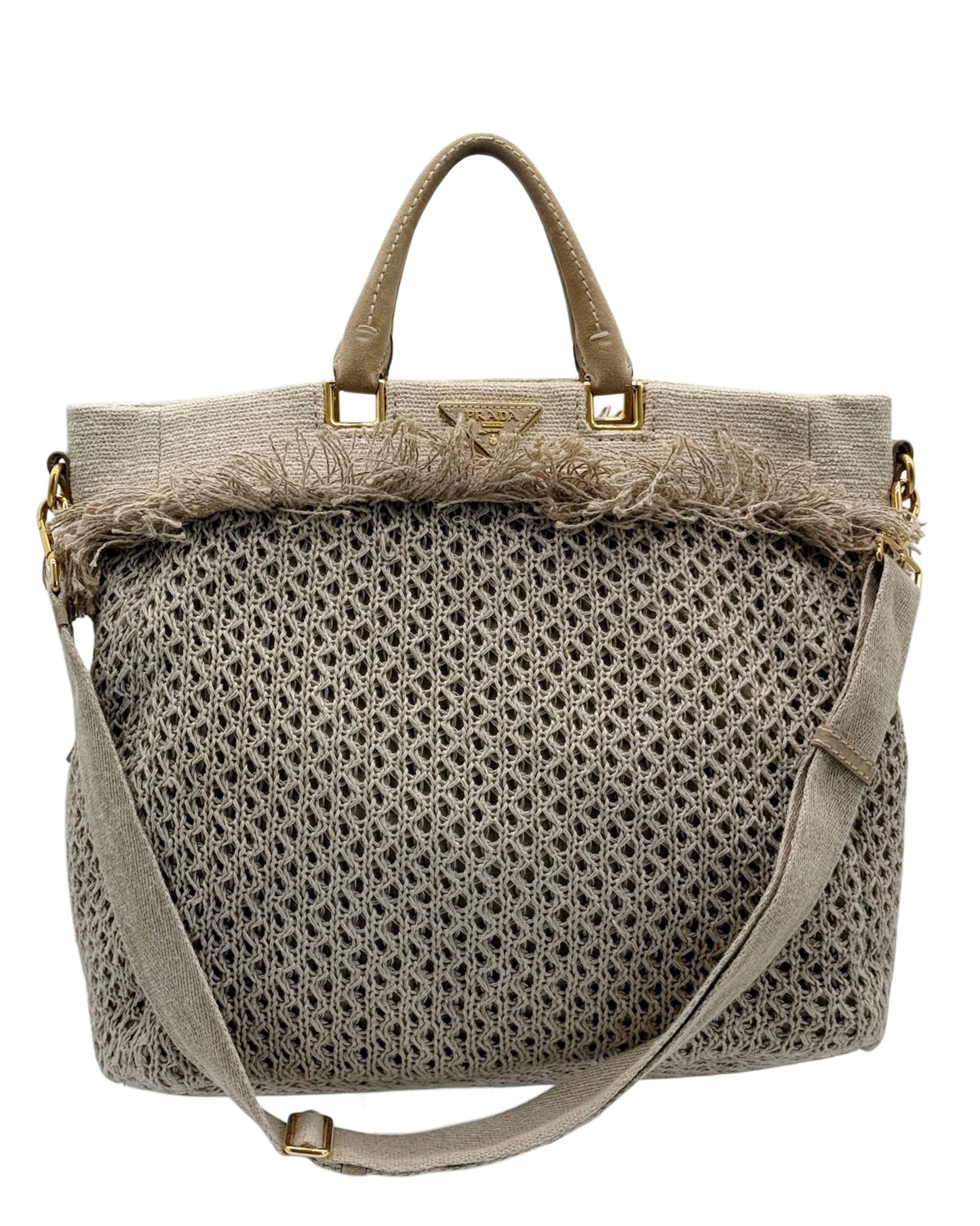 Prada Vintage Beige Taupe Raffia XL Two-Way Beach Tote