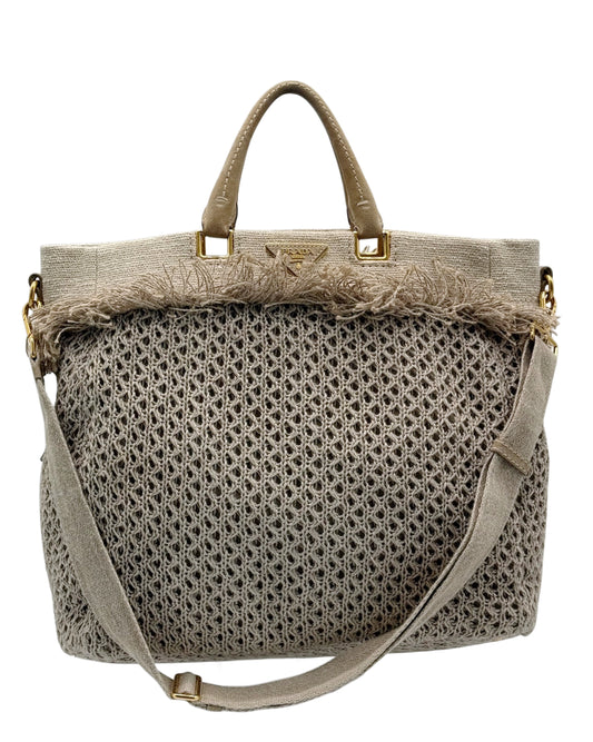 Prada Vintage Beige Taupe Raffia XL Two-Way Beach Tote