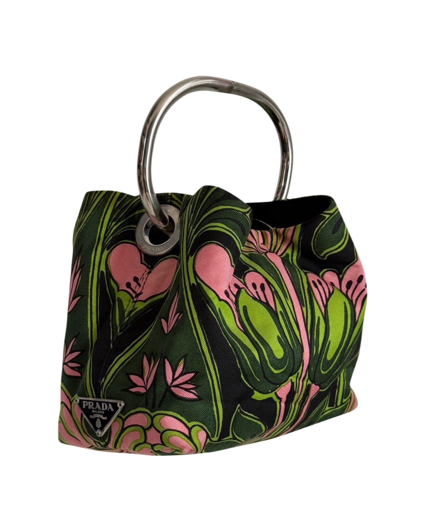 Prada Vintage Holliday & Brown London Green and Pink Twill Floral Tulipano Metal Top Handle Mini Bracelet Bag