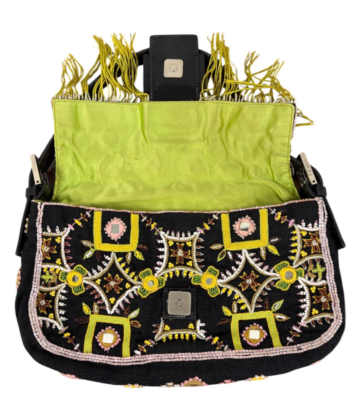 Fendi Vintage Late 90s Black Knit Embroidered Pink Beaded Green Fringe Embellished Shoulder Baguette Bag