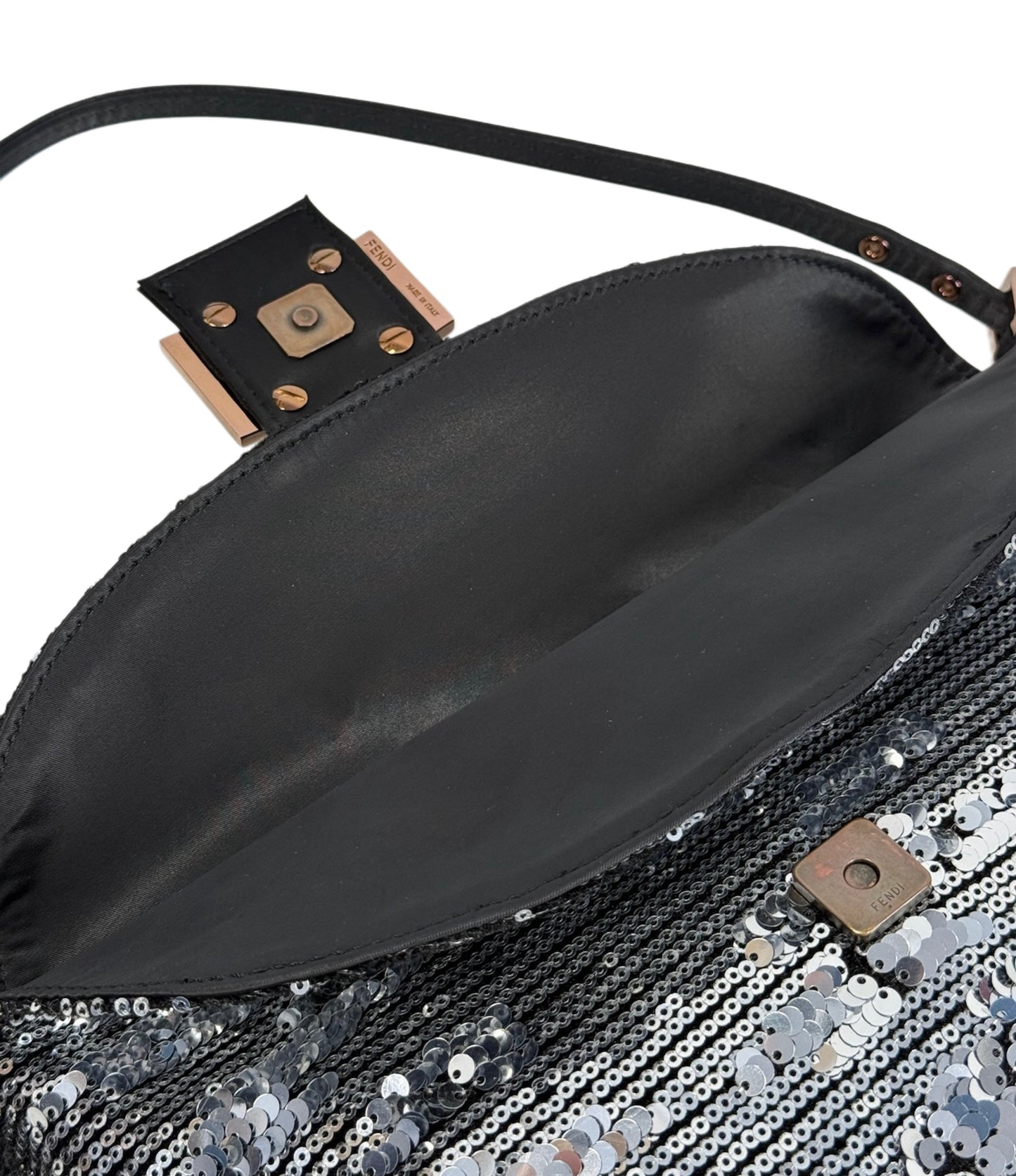 Fendi Vintage Silver Sequin Black Satin Trim Double Flap Baguette w Rose Gold Hardware