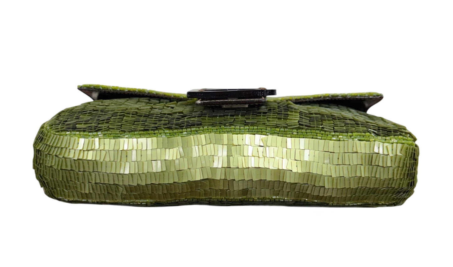 Fendi Vintage Green Paillattes Sequin Beaded Shoulder Baguette Bag 