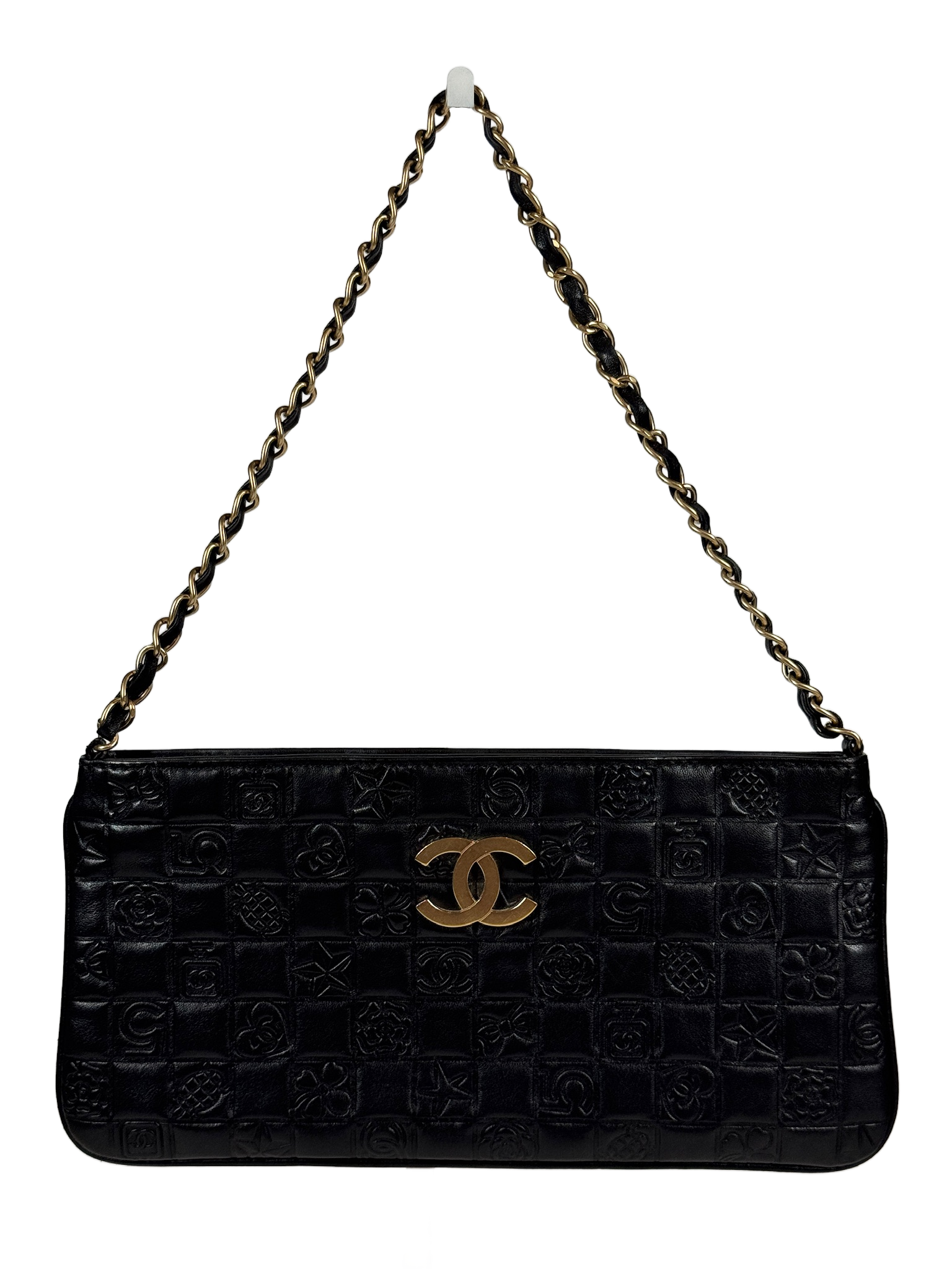 Chanel Vintage 00s Black Lambskin Leather Chocolate Bar Embossed Pochette Shoulder Bag