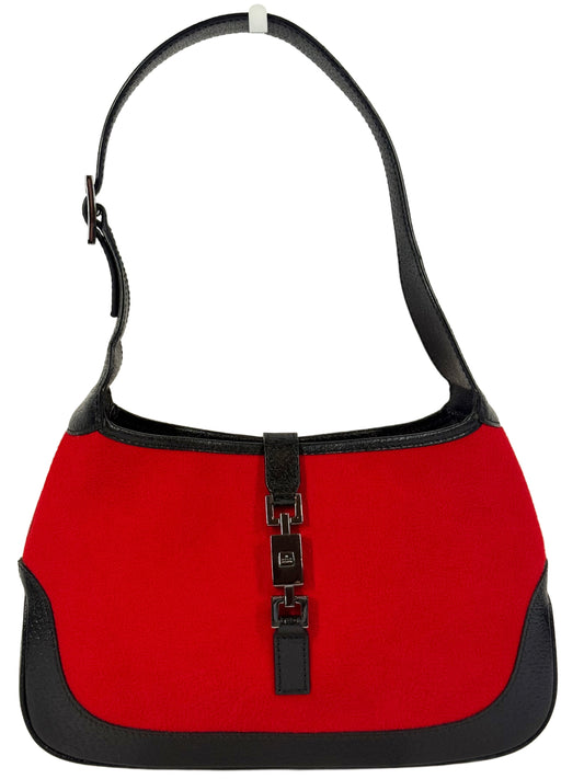 Gucci Vintage Red Felt Black Leather Trim Small Jackie O Shoulder Bag