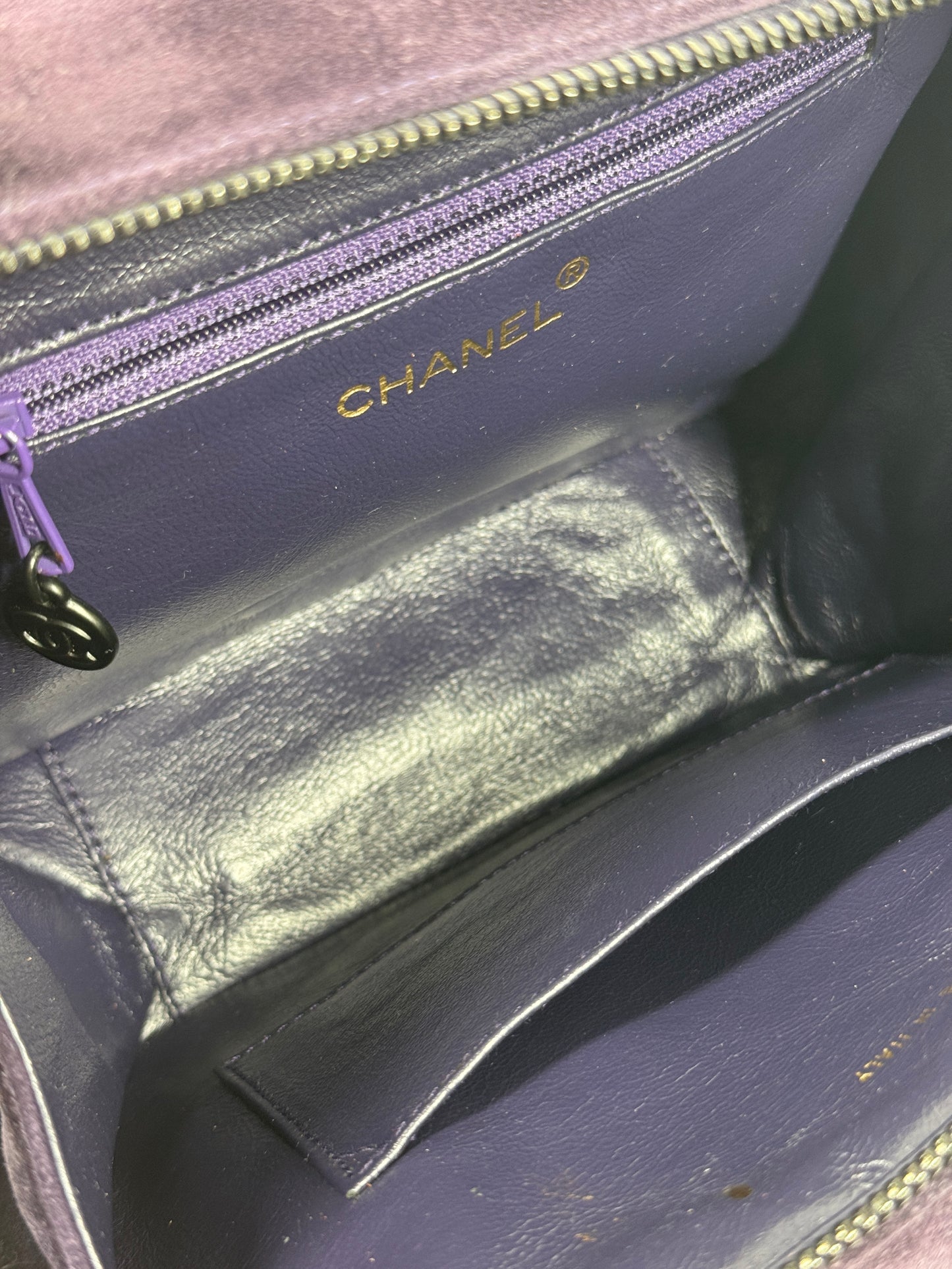 Chanel Vintage 90s Purple Eggplant Suede CC Top Handle Vanity Shoulder Bag