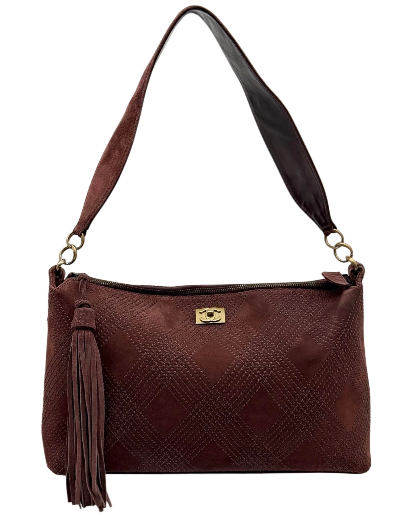 Chanel Vintage 00s Brown Suede Quilted Medium Shoulder Bag with Tassel