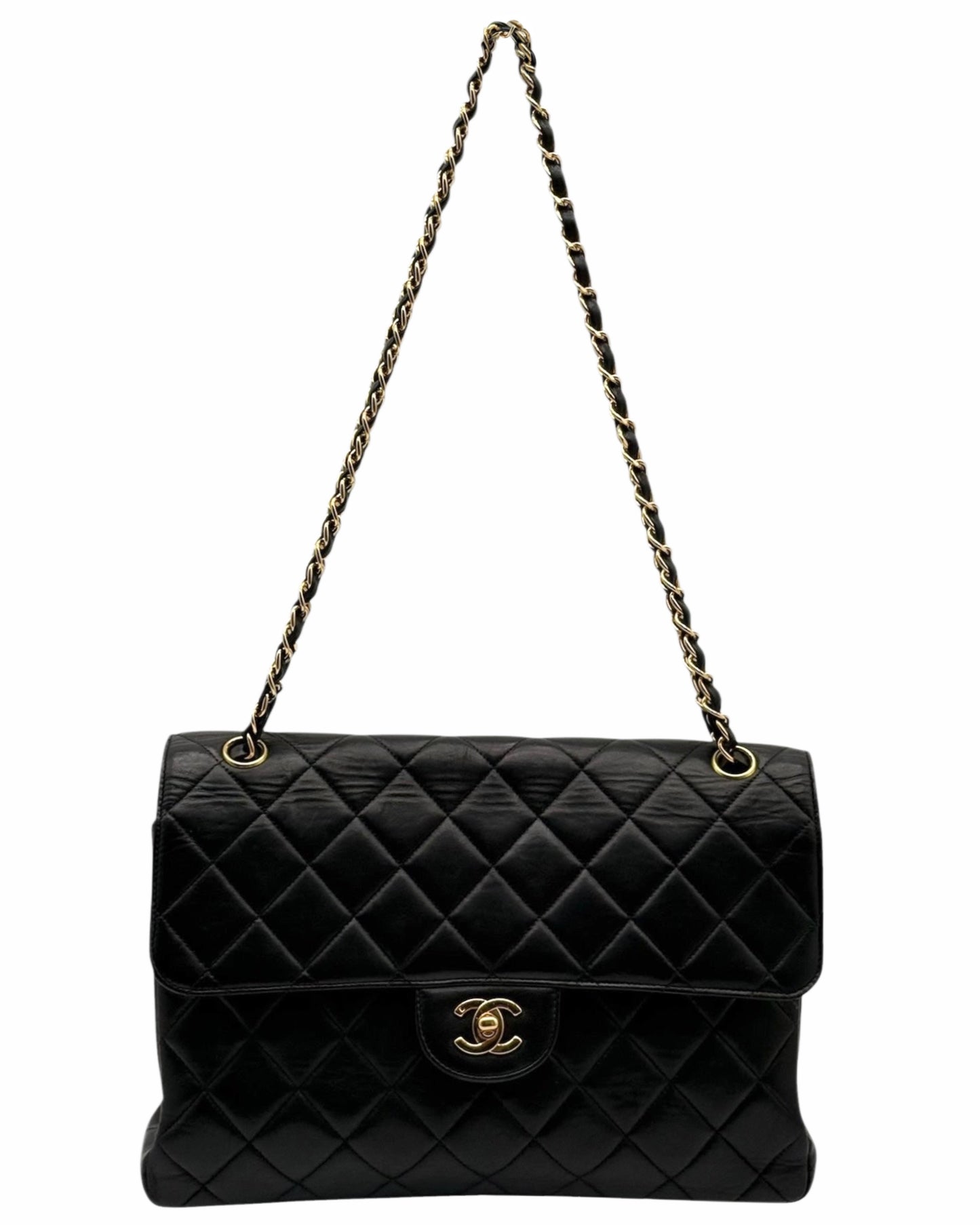 Chanel Vintage 90s Black Lambskin Two-Faced Double Sided Maxi Flap Bag with 24K GPHW