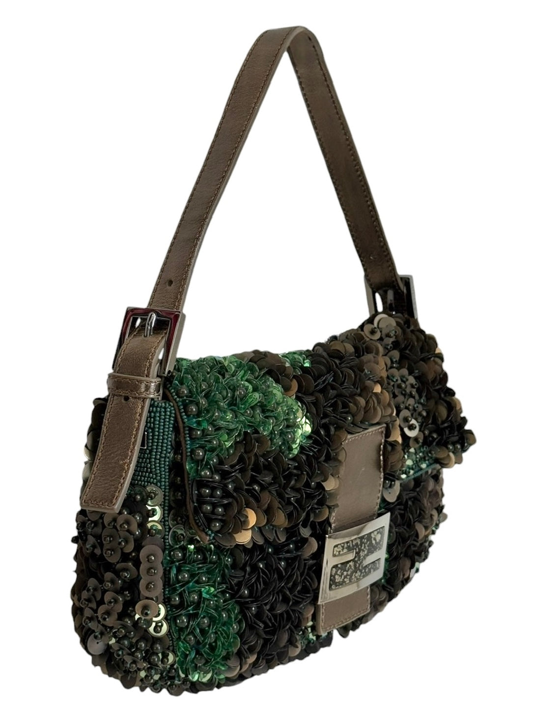 Fendi 2013 Camo Green 3D Beaded Sequin Embellished Shoulder Baguette Shoulder with Gunmetal Hardware