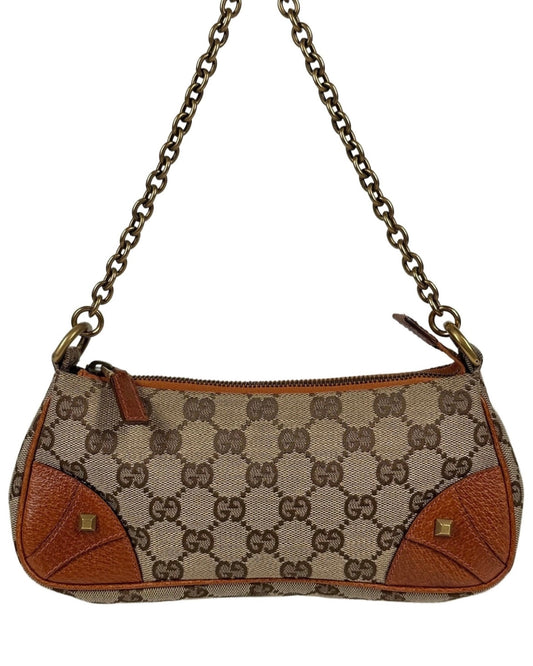 Gucci Vintage Brown GG Monogram Canvas Orange Leather Trim Chain Link Studded Shoulder Pochette Bag