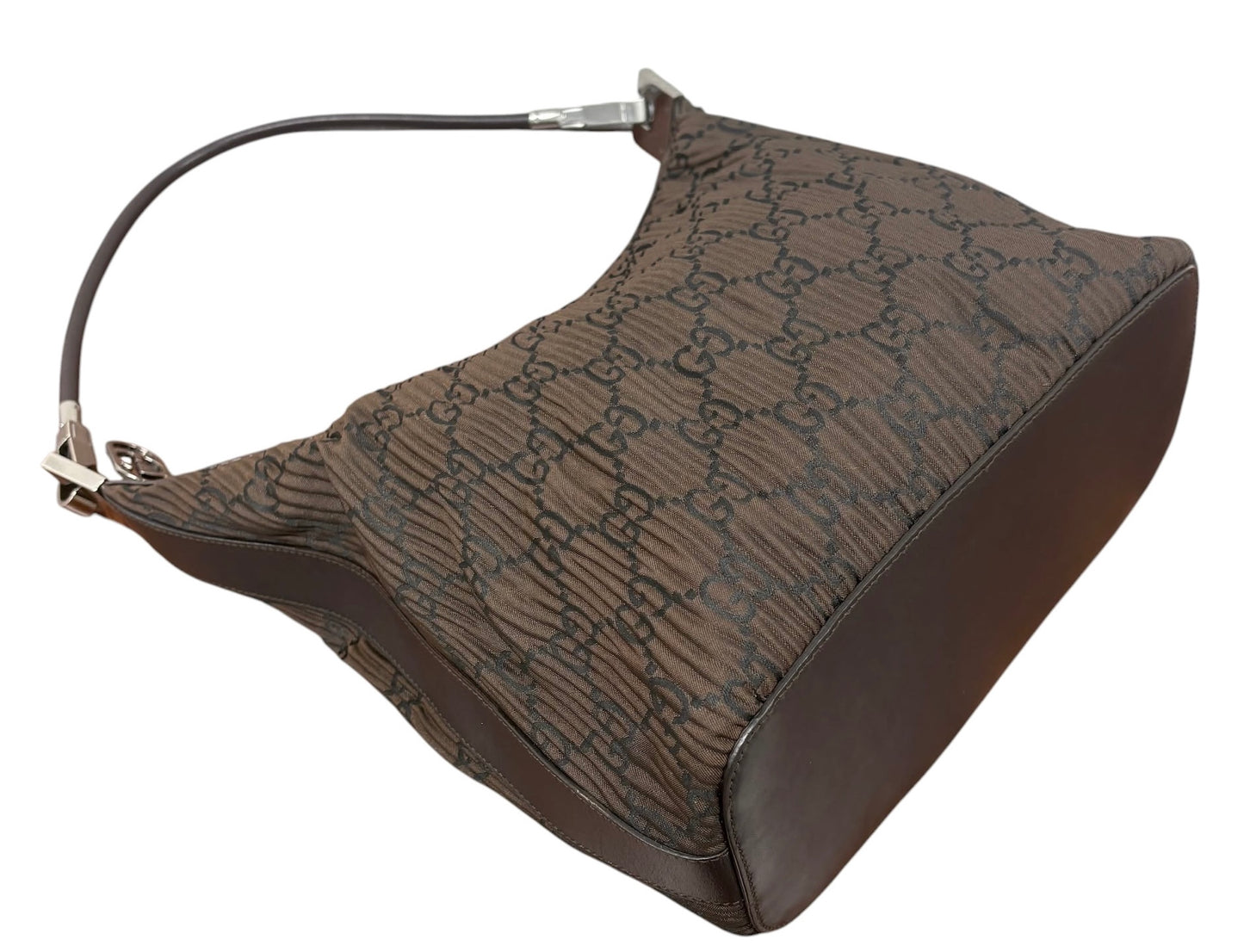 Gucci Vintage Dark Brown Satin Pleated GG Monogram Small Hobo Shoulder Bag
