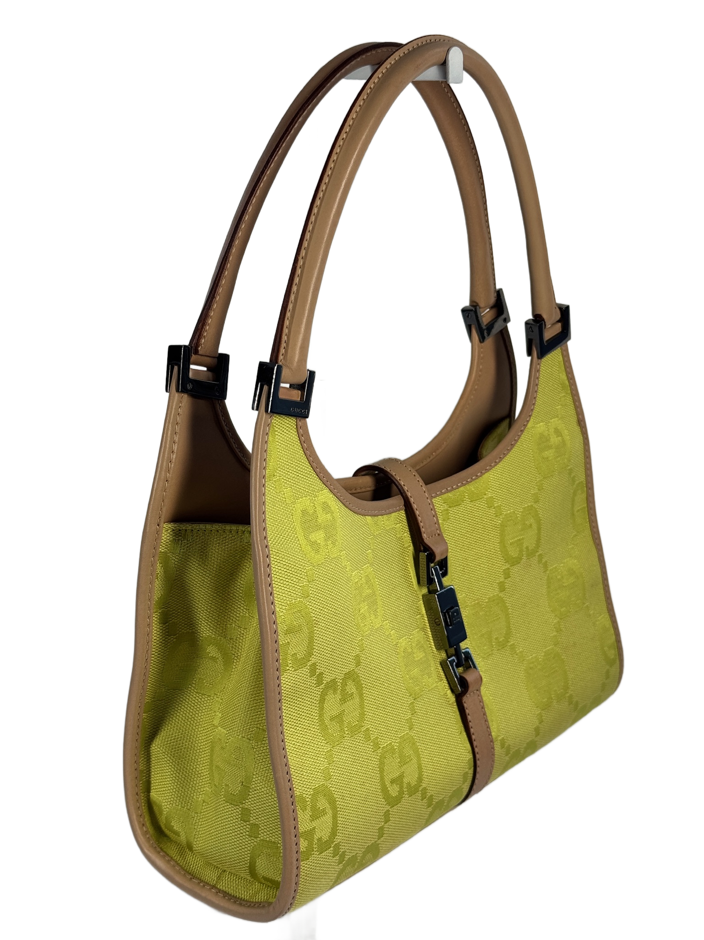 Gucci Vintage Neon Green Giant GG Monogram Small Jackie Bag