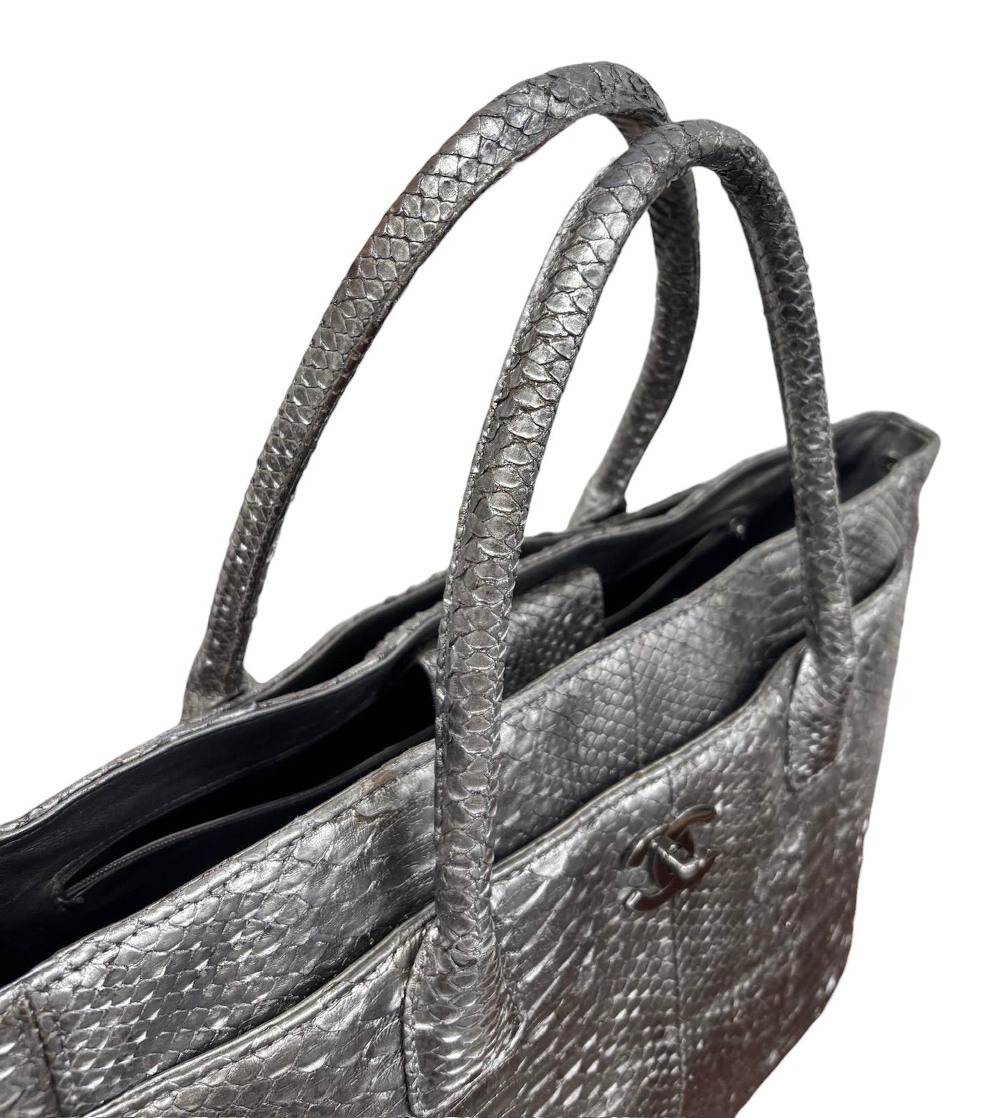 Chanel Vintage 00s Metallic Silver Python XL Cerf Executive Shoulder Tote Bag