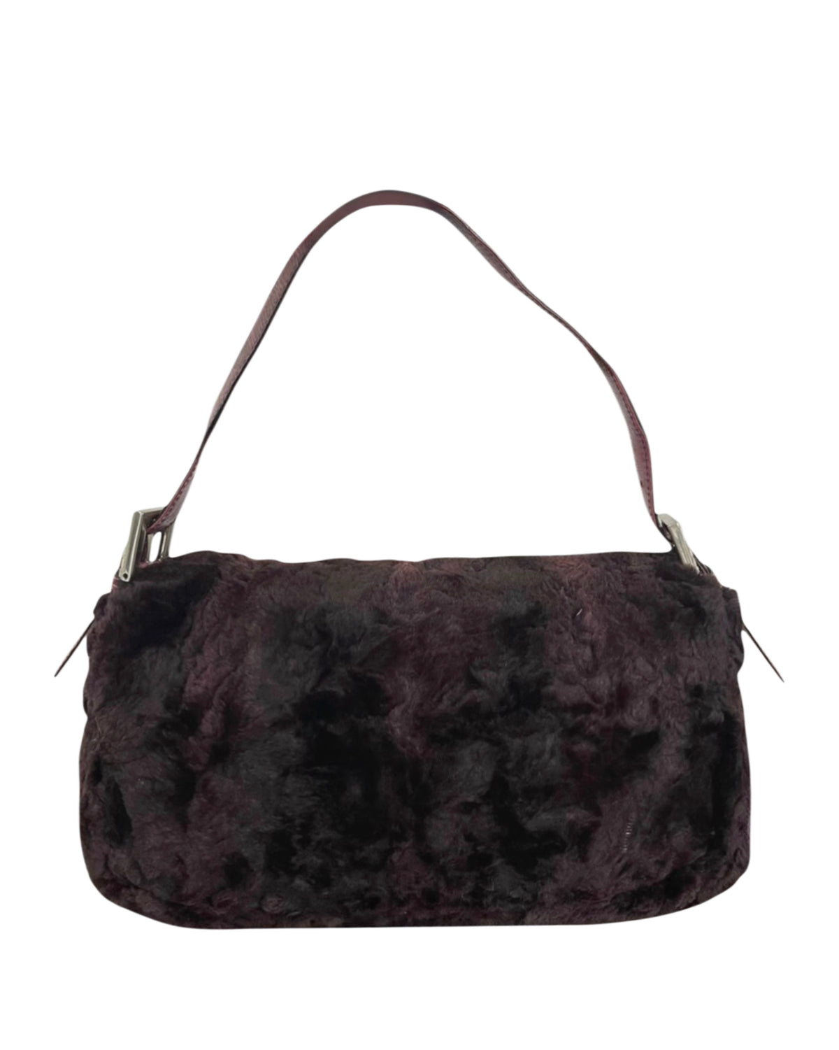 Fendi Vintage Purple Rabbit Fur Pink Lizard Trim Crystal Logo Shoulder Baguette Bag