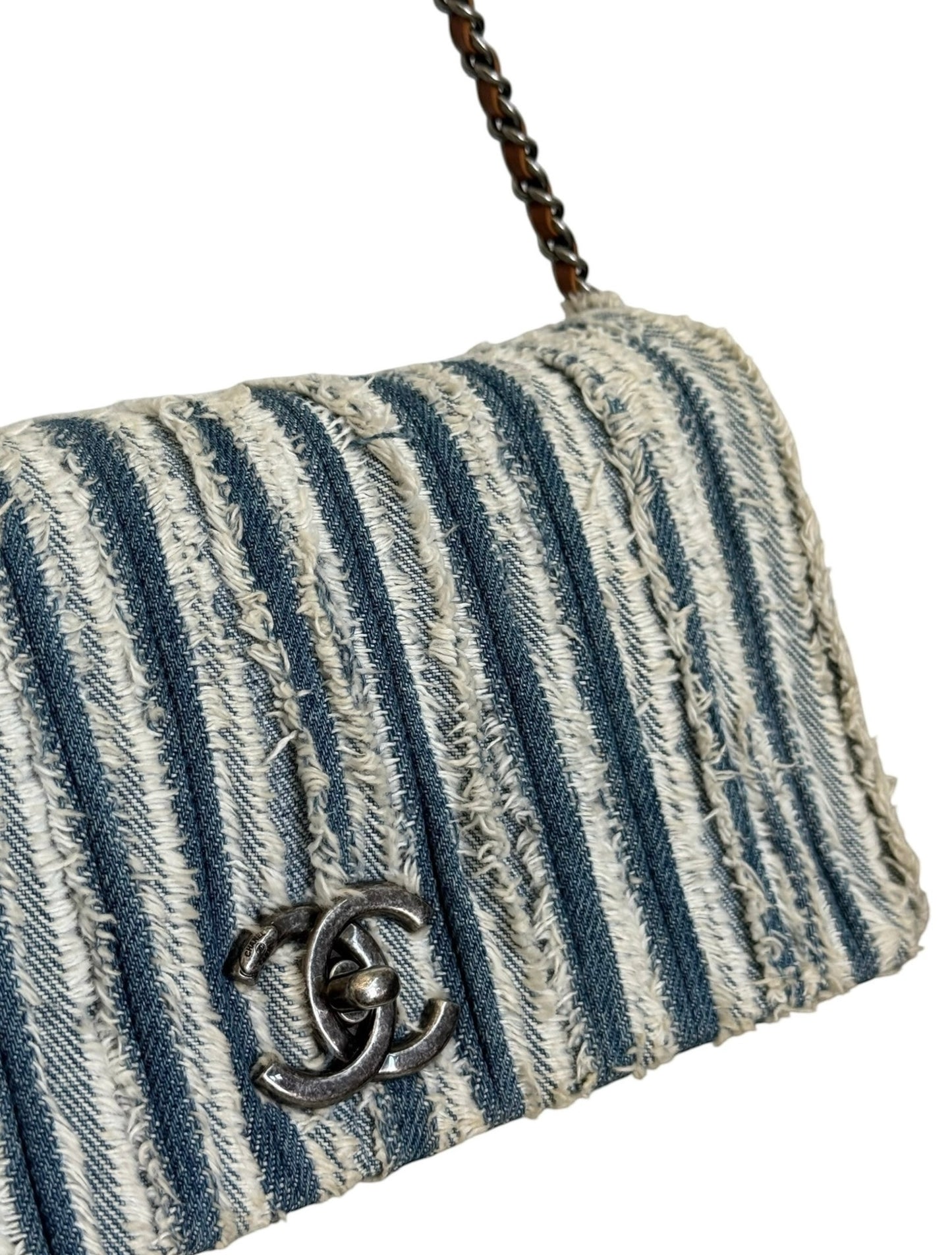 Chanel Blue Striped Denim Fringe Trim Full Flap Shoulder Crossbody Bag 