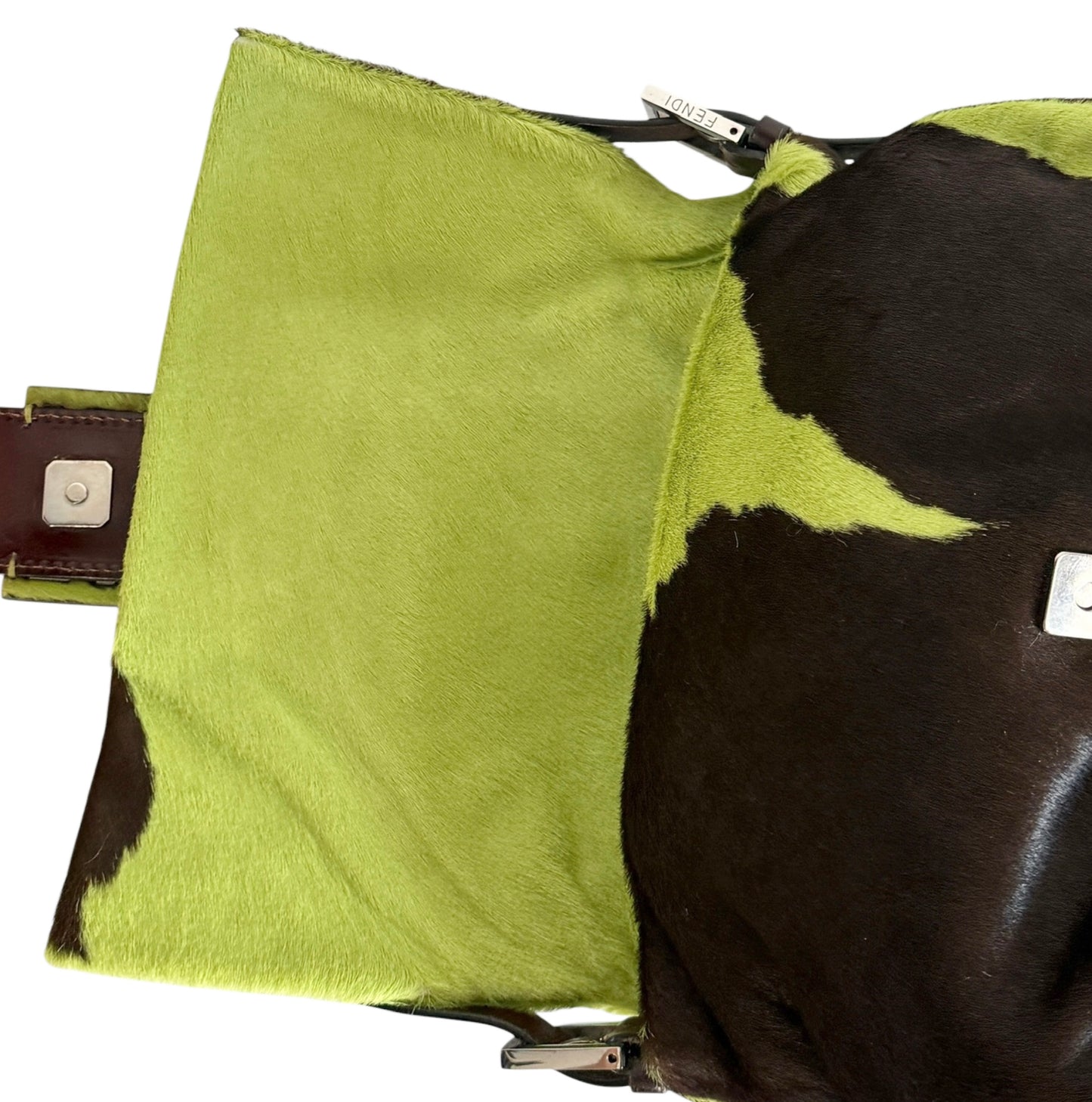Fendi Vintage Green Pony Hair Cow Print Mamma Baguette Shoulder Bag 