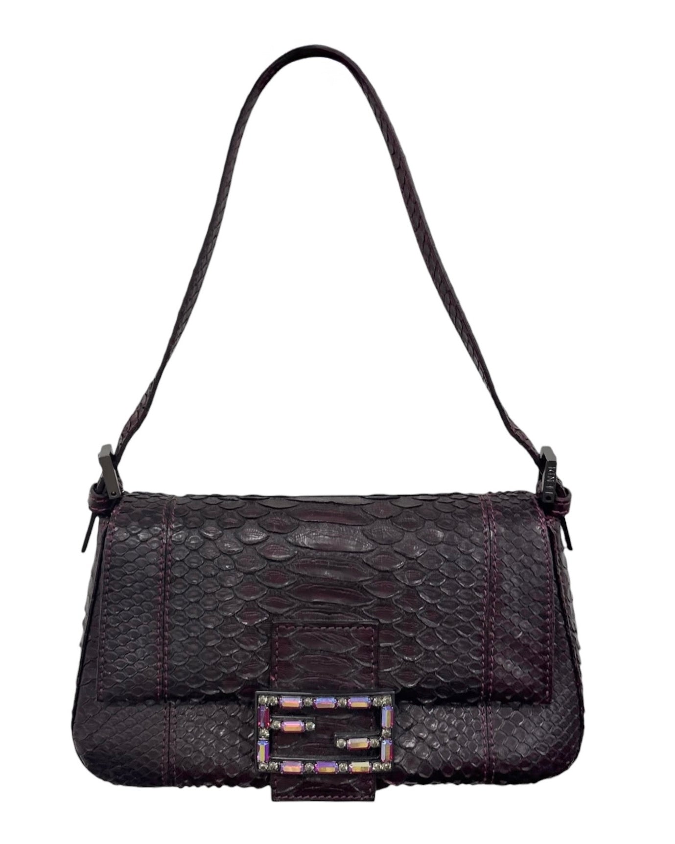 Fendi Vintage Bordeaux Python Leather Jeweled Logo Mini Mamma Shoulder Baguette Bag