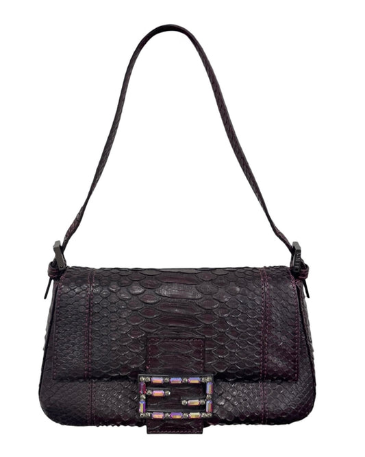 Fendi Vintage Bordeaux Python Leather Jeweled Logo Mini Mamma Shoulder Baguette Bag