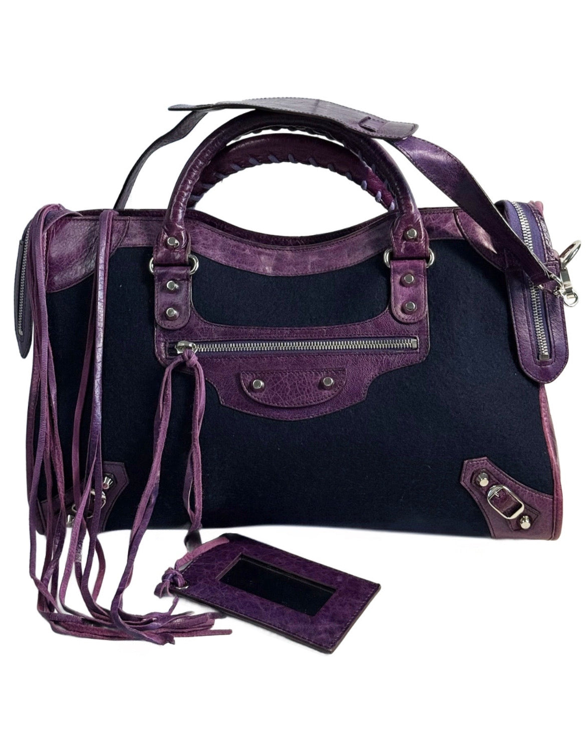 Balenciaga Vintage Blue Felt Purple Leather Trim Large City Bag