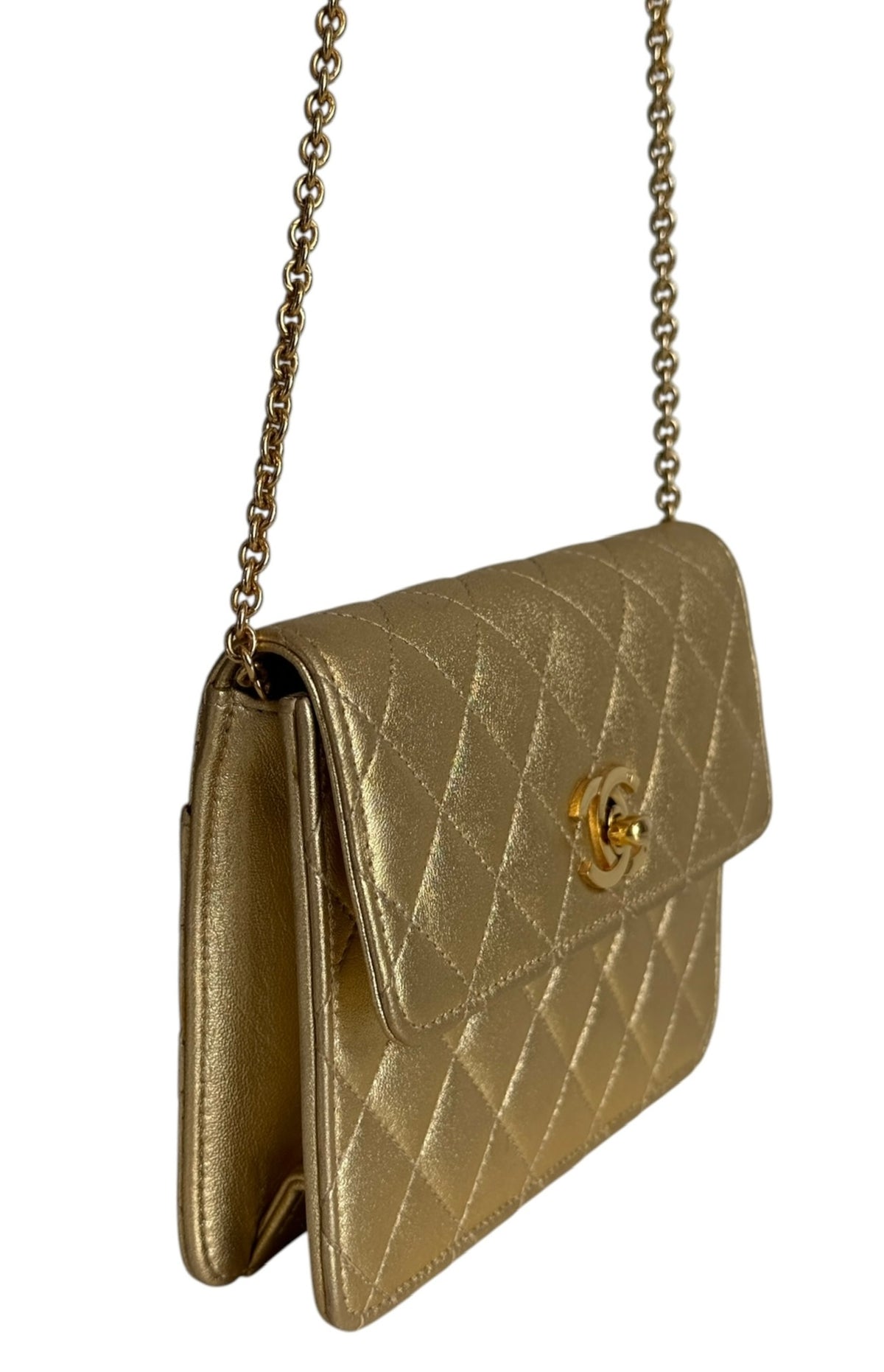Chanel Vintage 90’s Metallic Gold Quilted Lambskin Micro Mini Square Flap Bag with 24K GPHW