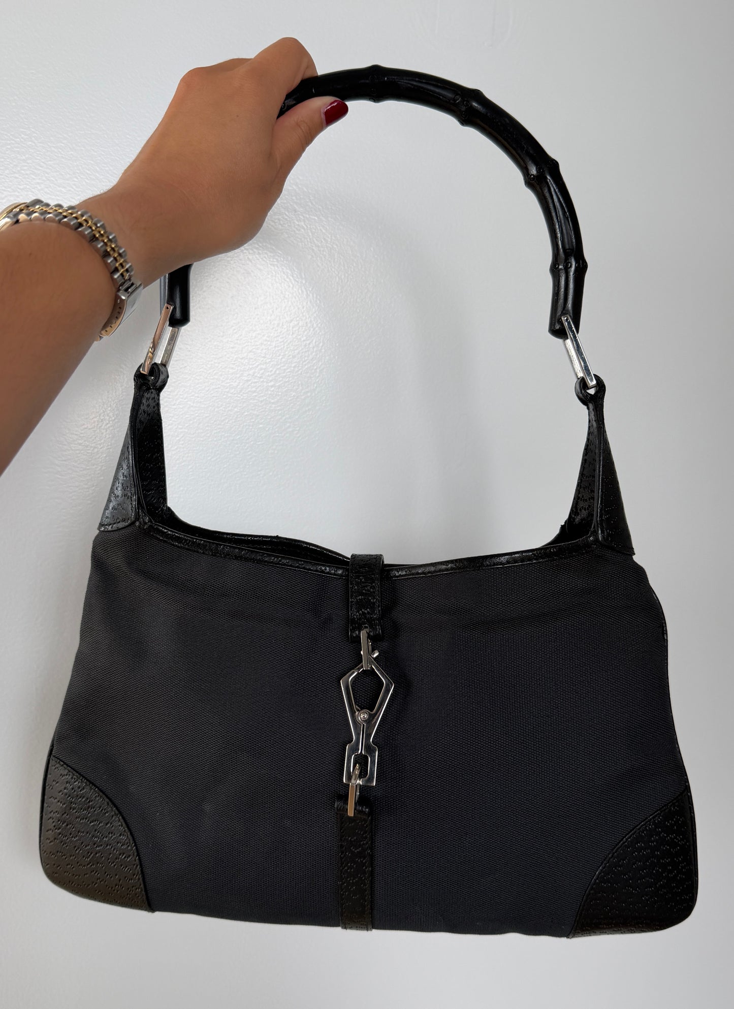 Gucci Vintage Black Canvas Leather Trim Bamboo Handle Small Jackie Shoulder Bag