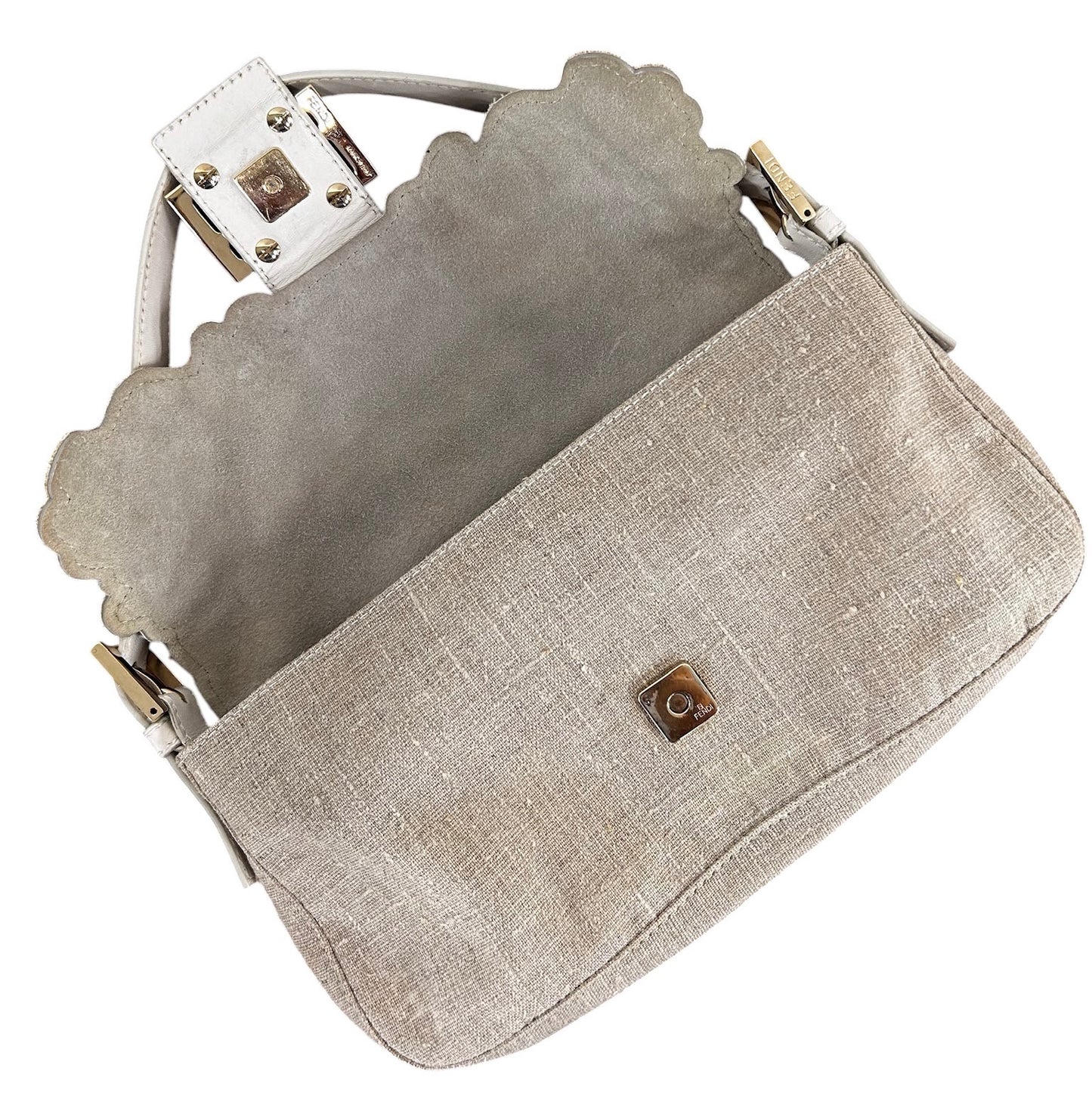 Fendi Vintage Beige Linen White Floral Embroidered Shoulder Baguette Bag
