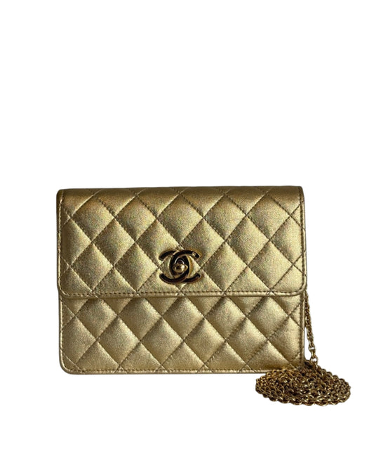 Chanel Vintage 90’s Metallic Gold Quilted Lambskin Micro Mini Square Flap Bag with 24K GPHW