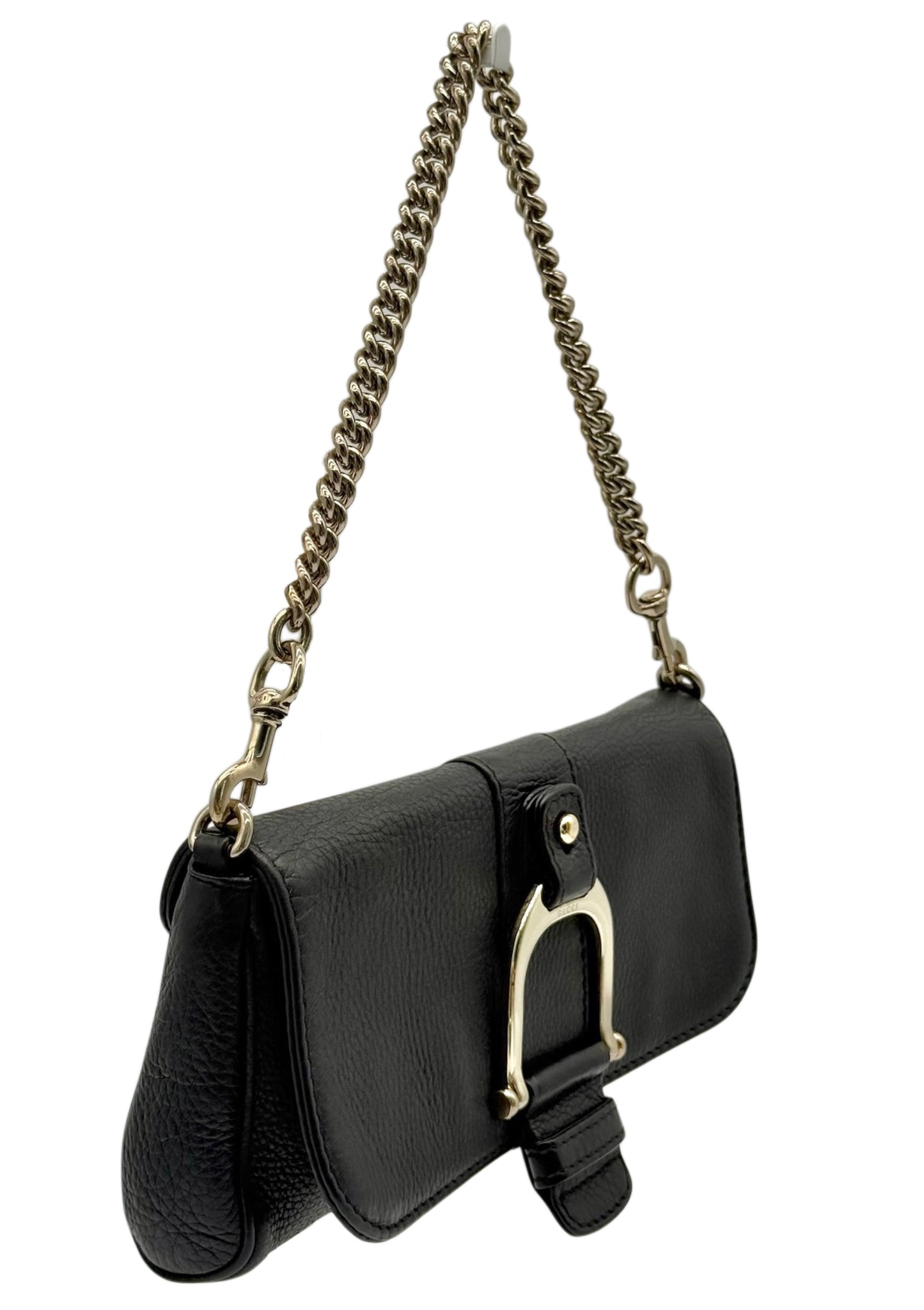 Gucci Vintage Black Pebbled Leather Half Bit Small Chain Pochette Shoulder Bag