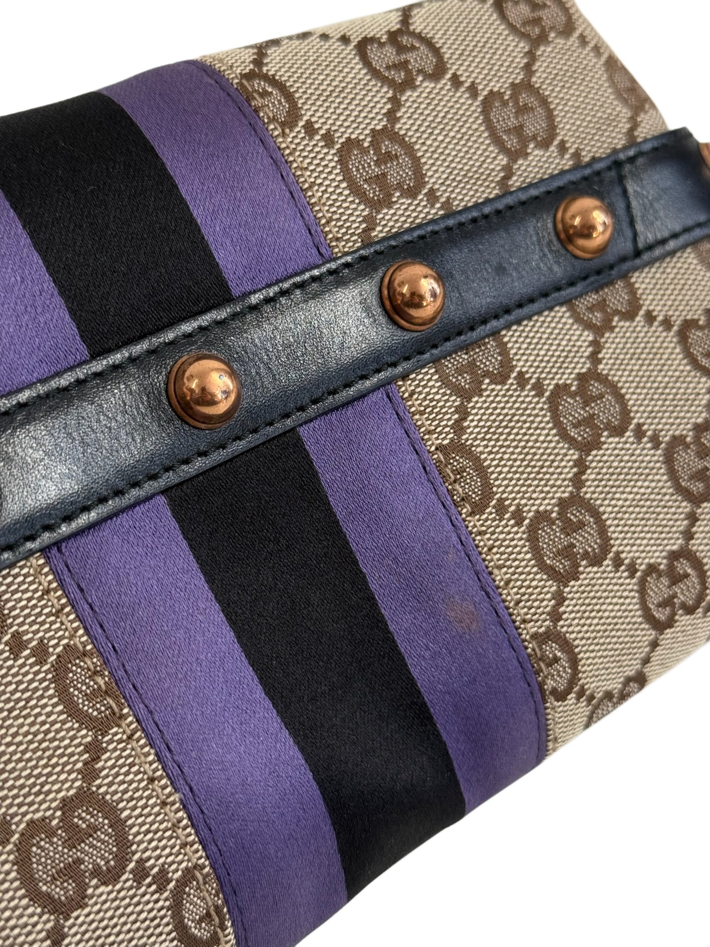 Gucci Vintage Brown GG Monogram Horsebit Purple & Black Satin Striped Rose Gold Bamboo Chain Small Shoulder Clutch Bag