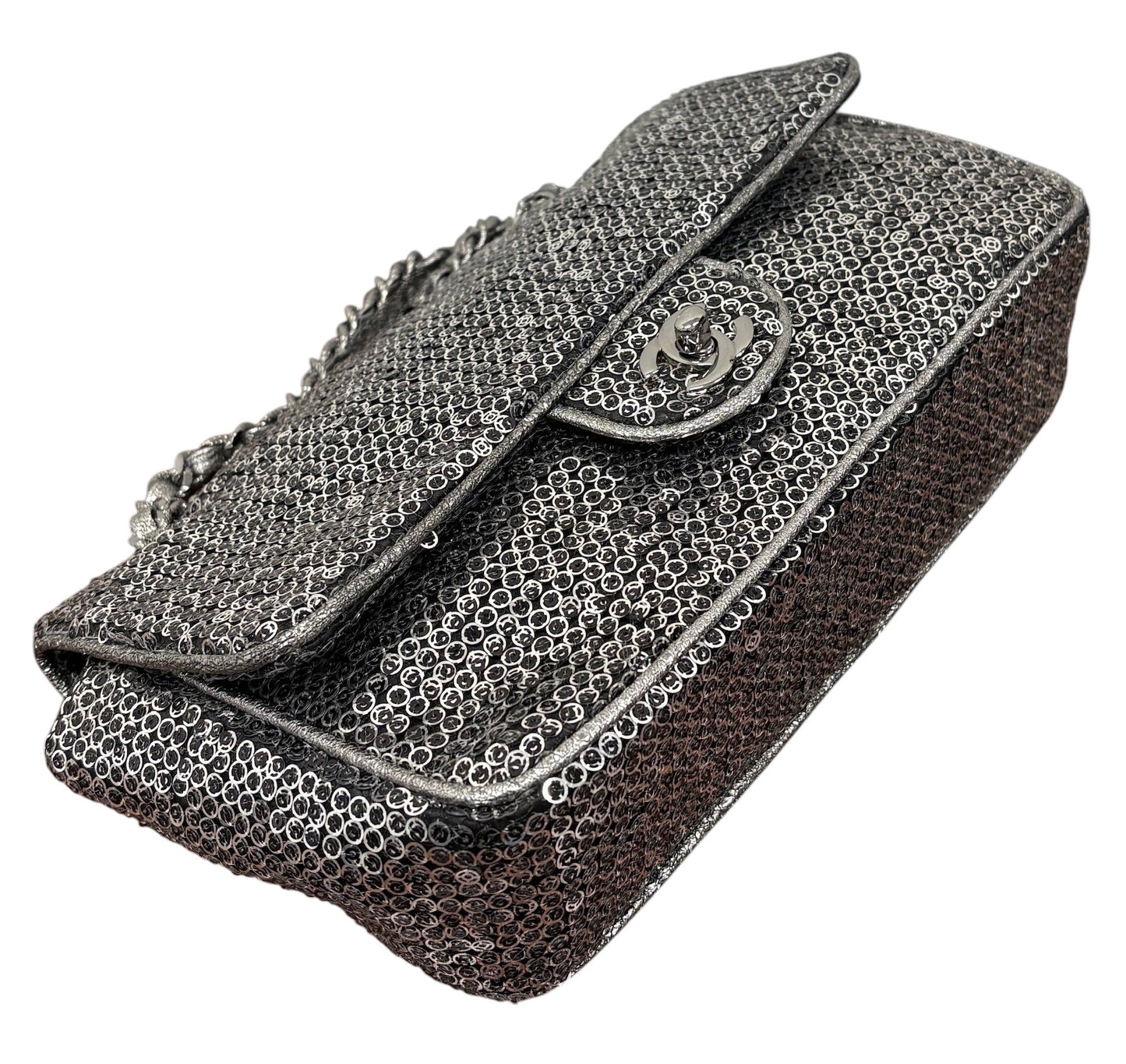 Chanel Vintage 00s Pewter Silver Sequin Medium Classic Single Flap Shoulder Bag