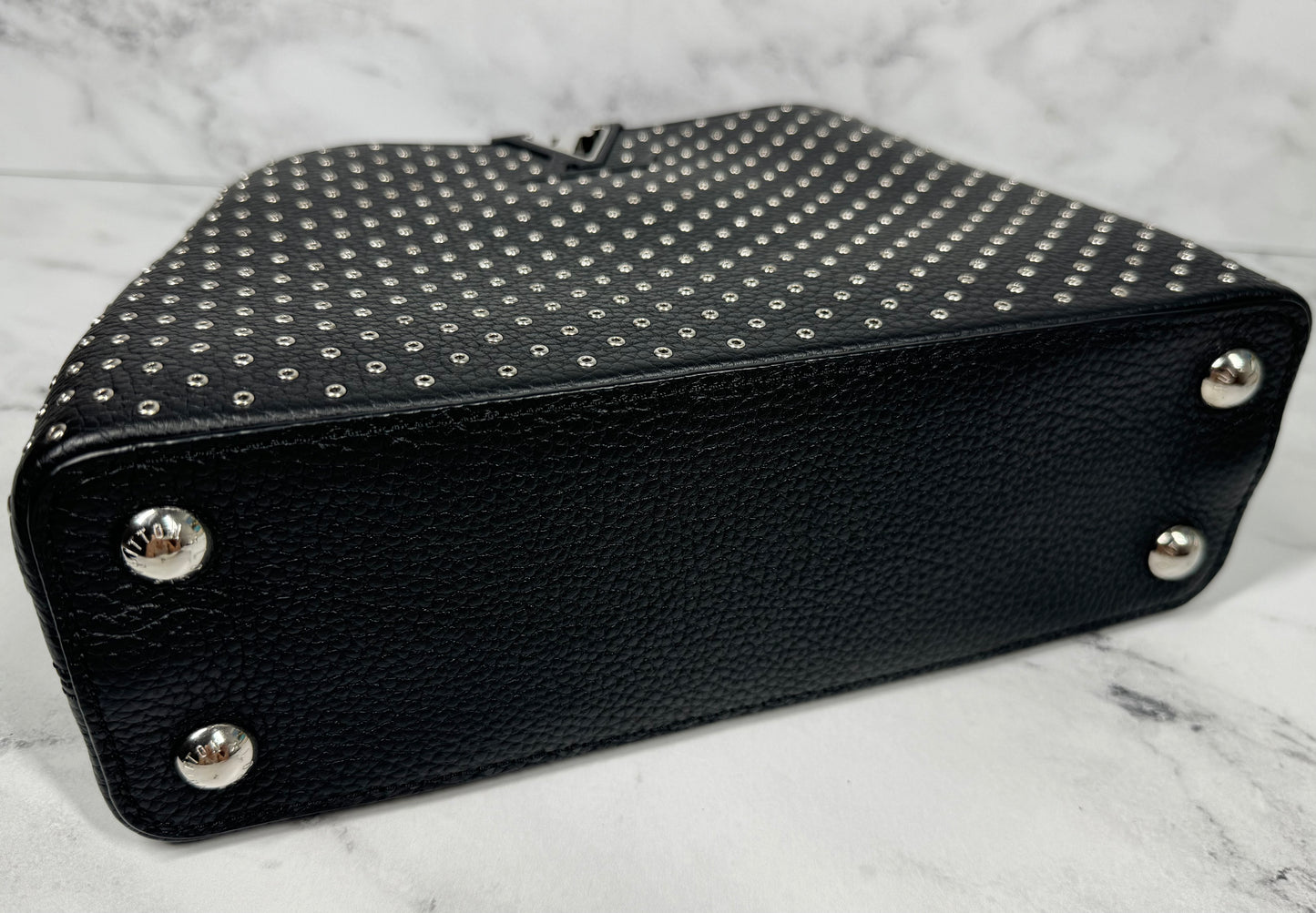 Louis Vuitton Black Taurillon Leather Silver Studded Capucines BB