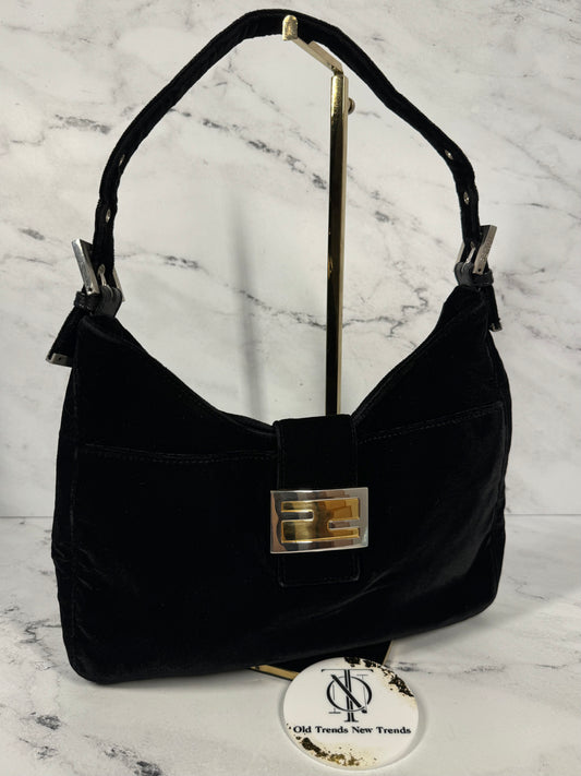 Fendi Vintage Black Velvet Mixed Metal Hardware Hobo Shoulder Baguette Bag