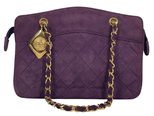 Chanel Vintage 1 Series Eggplant Purple Suede Chain Shoulder Bag w 24K GPHW