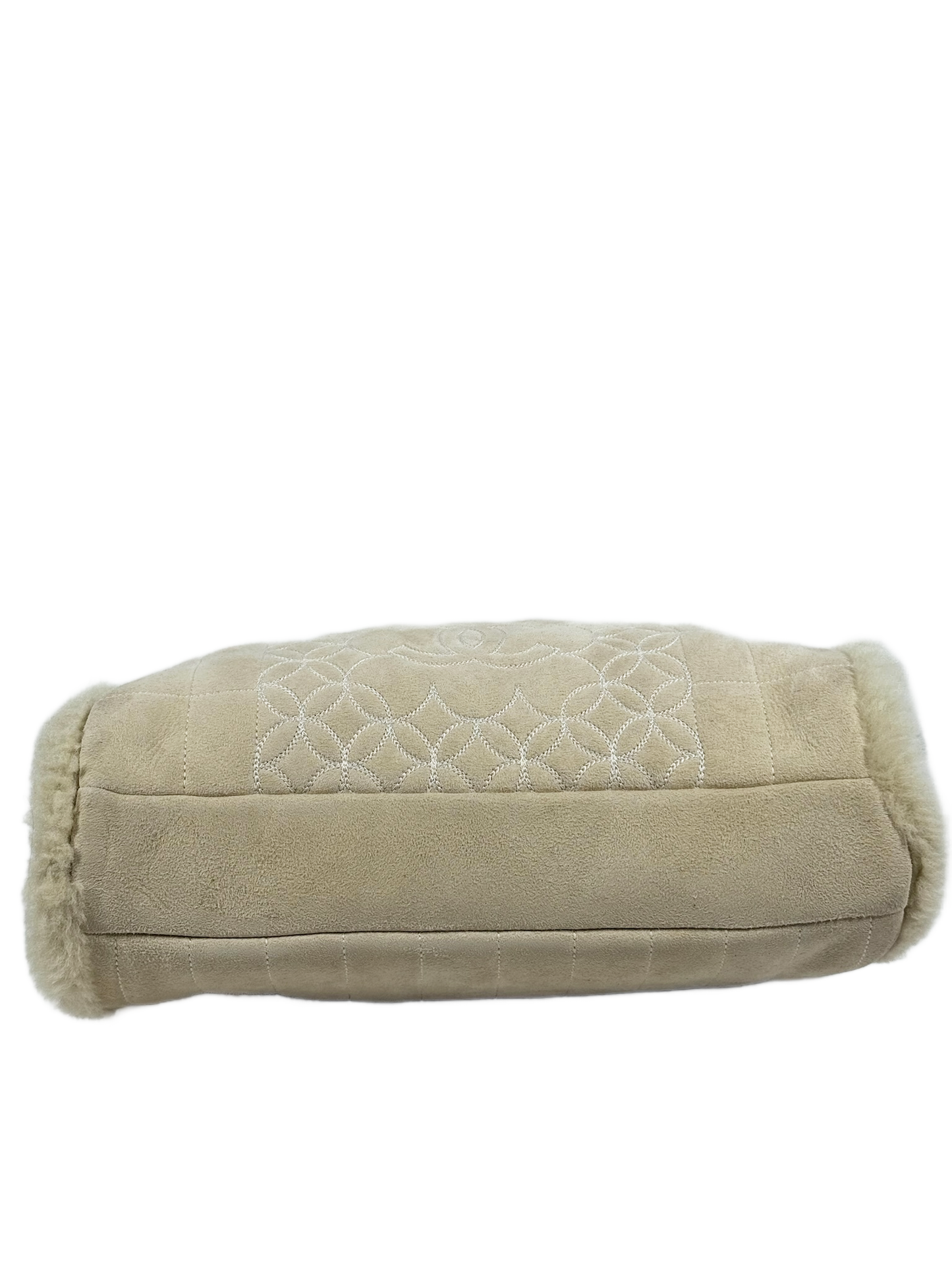 Chanel Vintage 00s Light Beige Ivory Quilted Suede Shearling Trim Small Tote Bag w Pouch