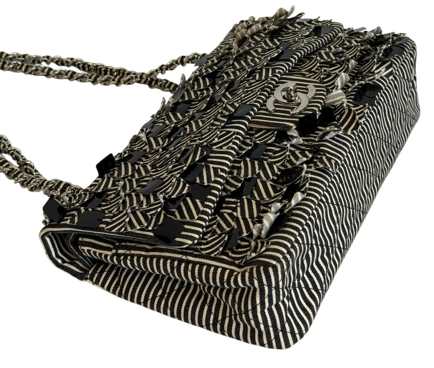 Chanel Vintage 2008 Black & White Striped Quilted Canvas Sequin Medium Classic Double Flap Bag
