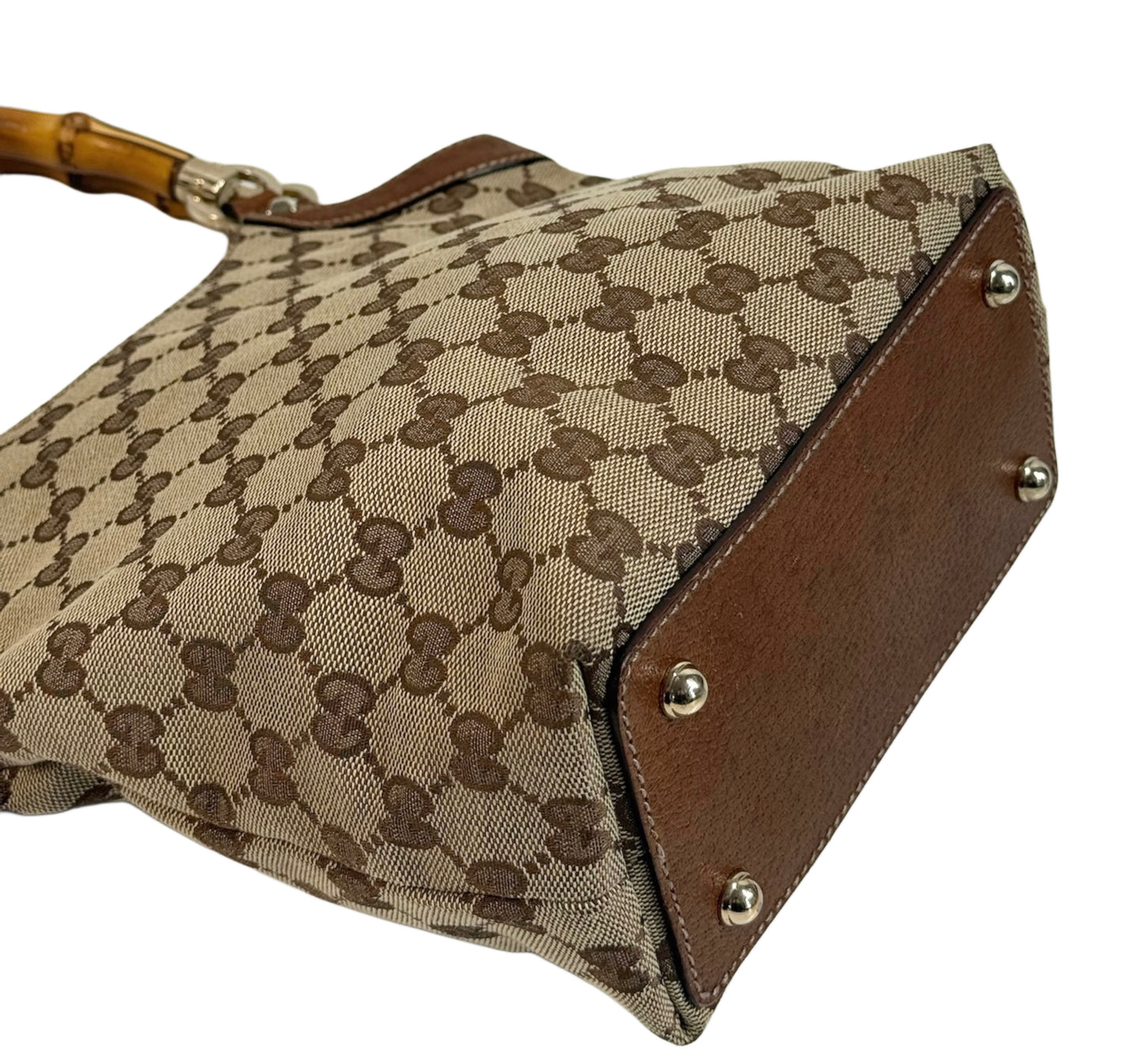 Gucci Vintage Brown GG Monogram Canvas Bamboo Handle Small Shoulder Tote Bag