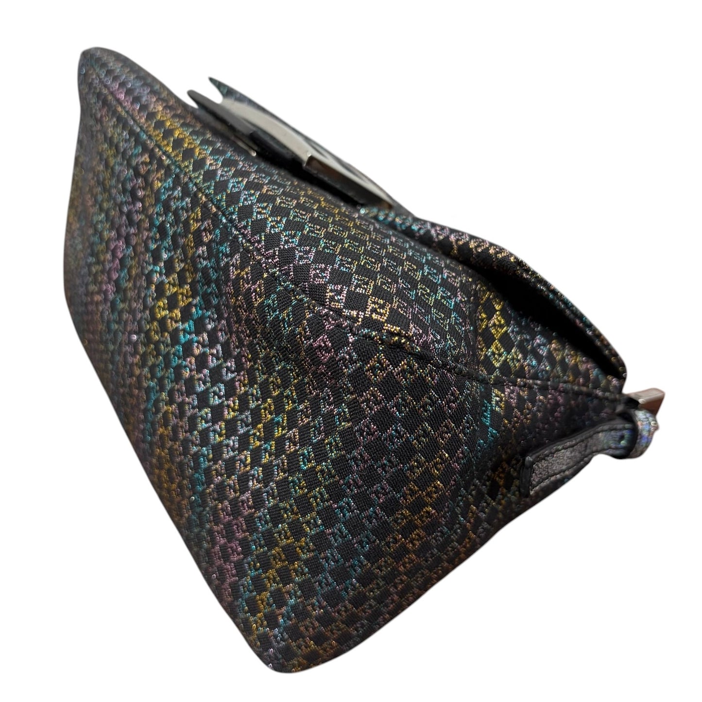 Fendi Vintage Black Iridescent Micro Zucchino Zucca Monogram Mini Mamma Shoulder Baguette Bag