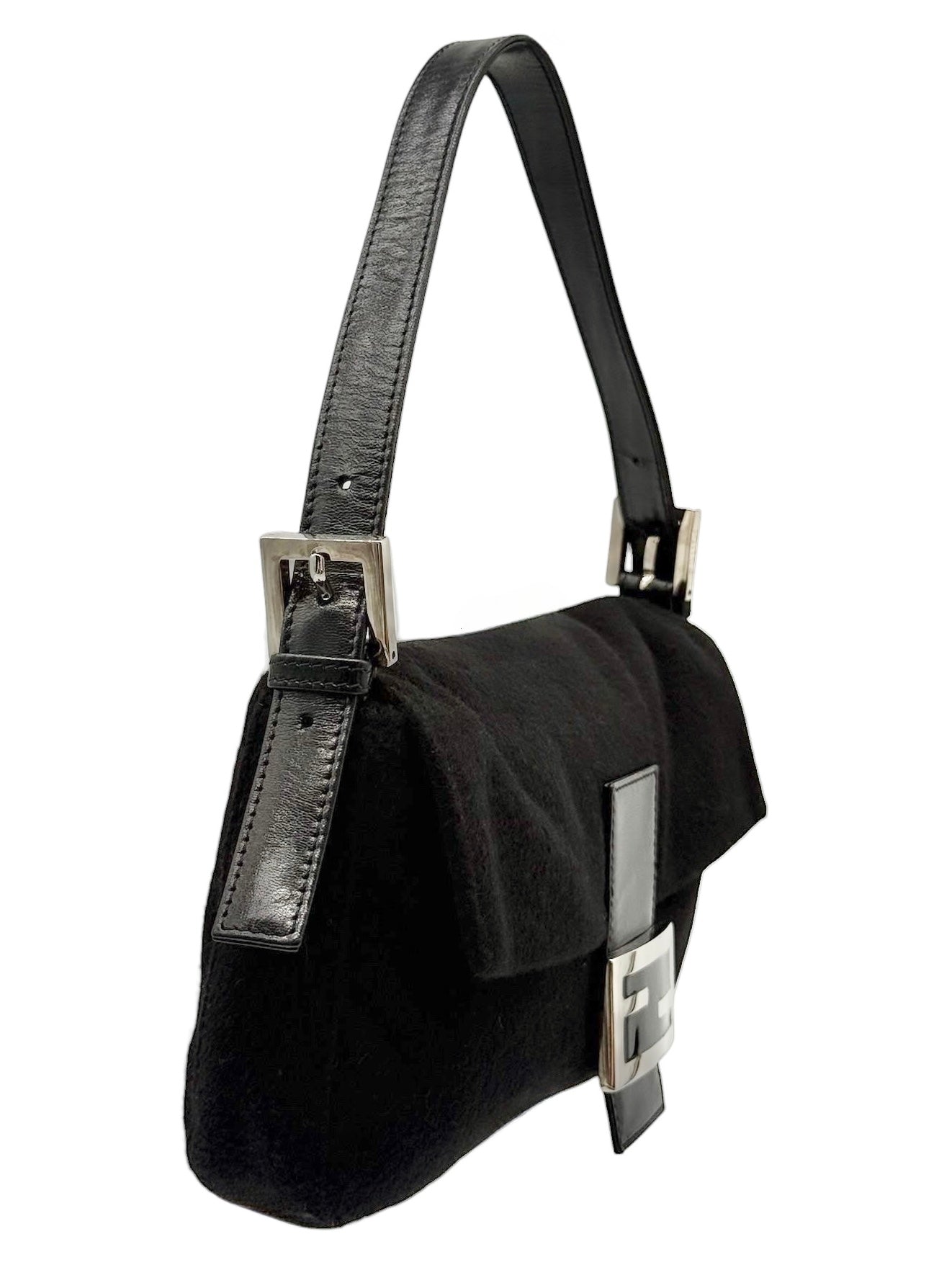 Fendi Vintage Black Felt Shoulder Baguette Bag